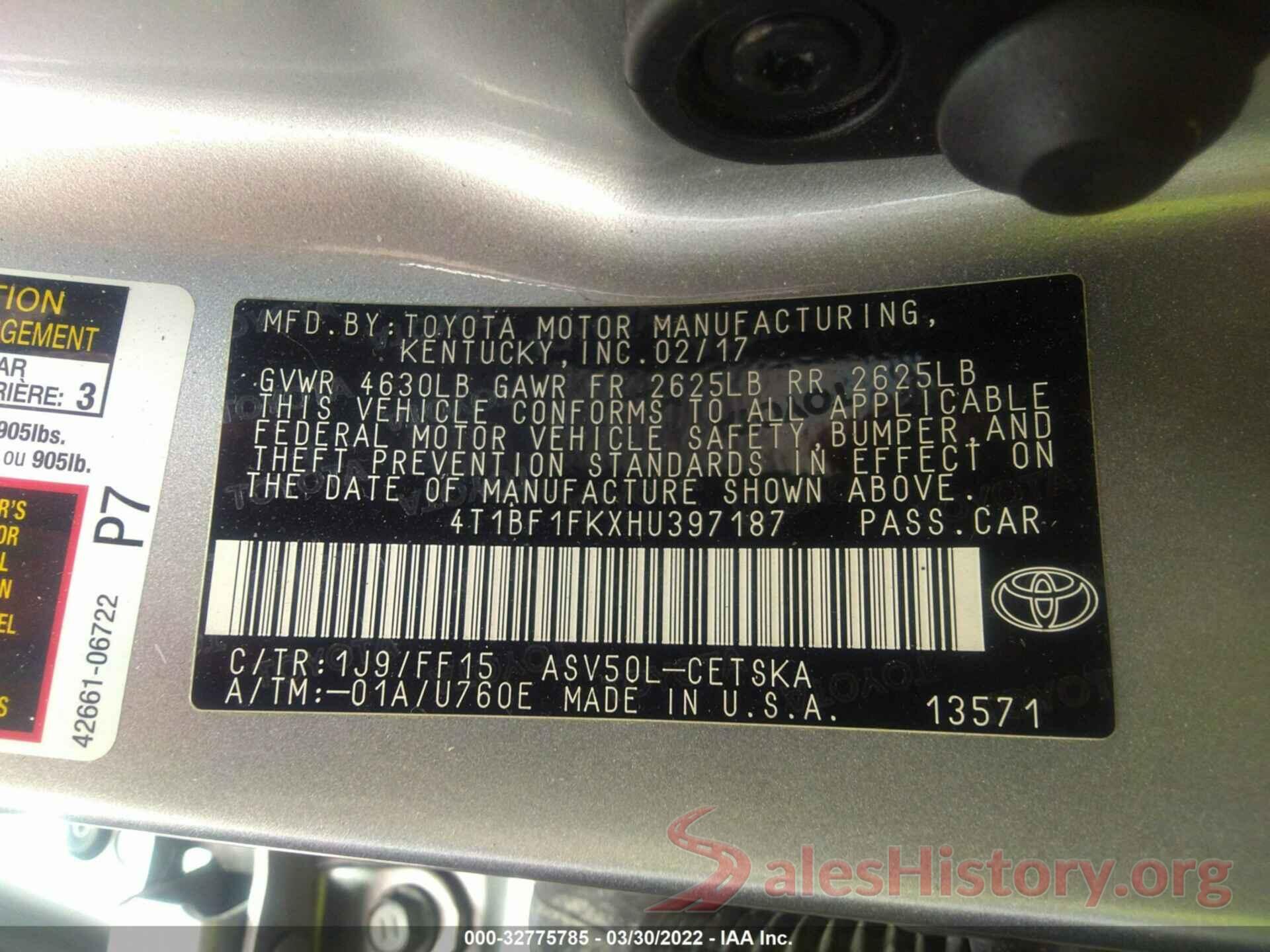 4T1BF1FKXHU397187 2017 TOYOTA CAMRY