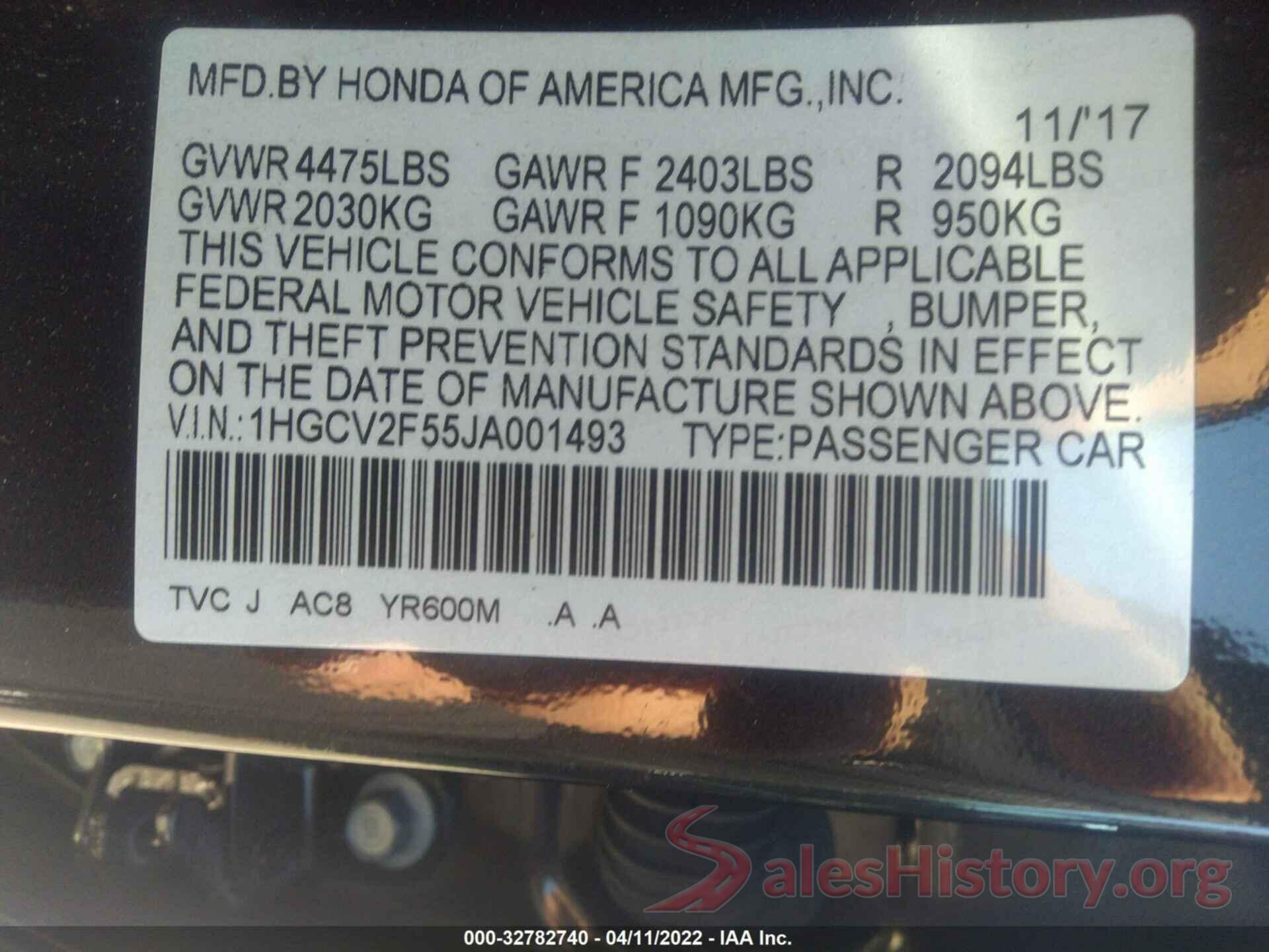 1HGCV2F55JA001493 2018 HONDA ACCORD SEDAN