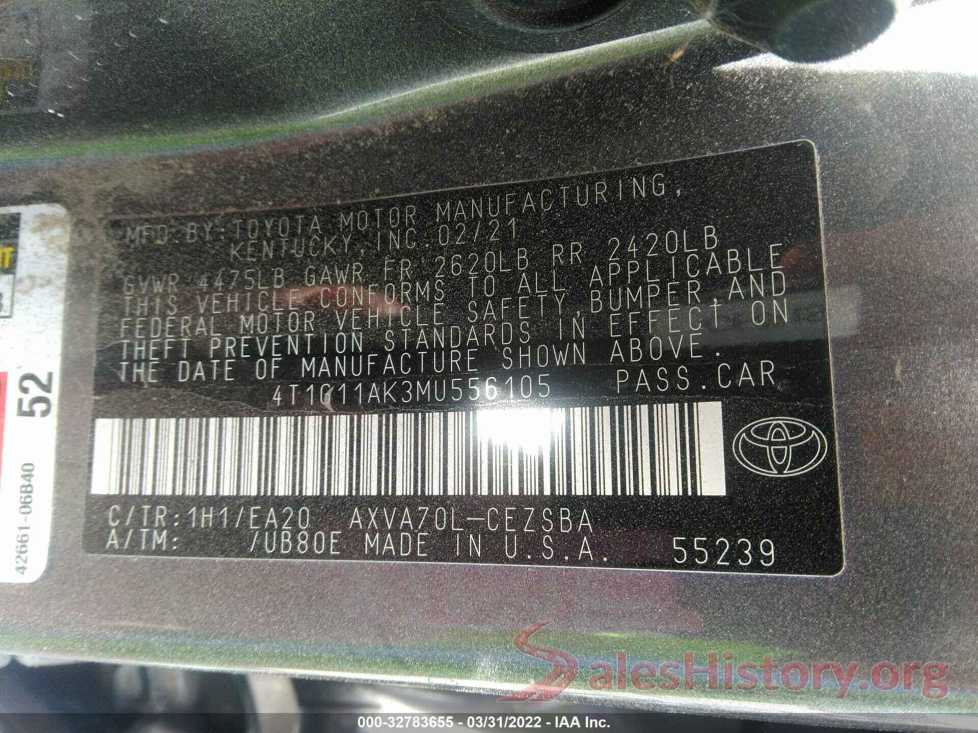 4T1G11AK3MU556105 2021 TOYOTA CAMRY