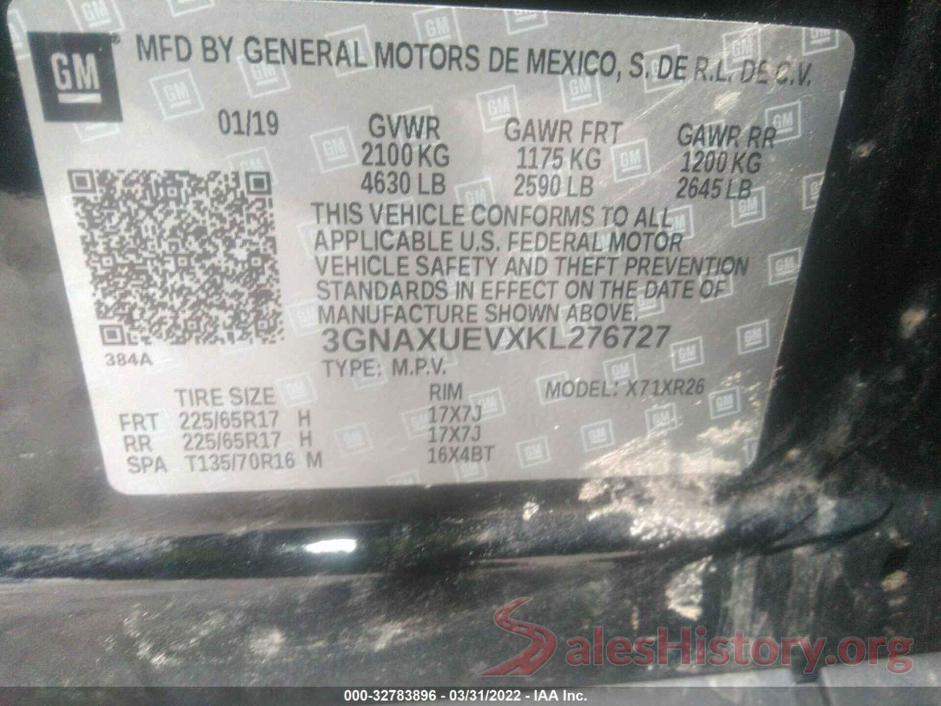 3GNAXUEVXKL276727 2019 CHEVROLET EQUINOX