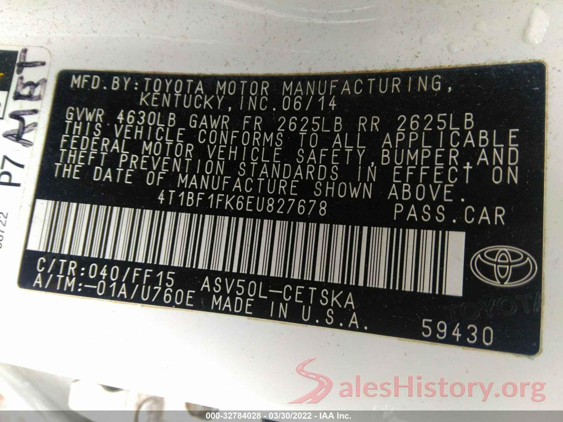 4T1BF1FK6EU827678 2014 TOYOTA CAMRY