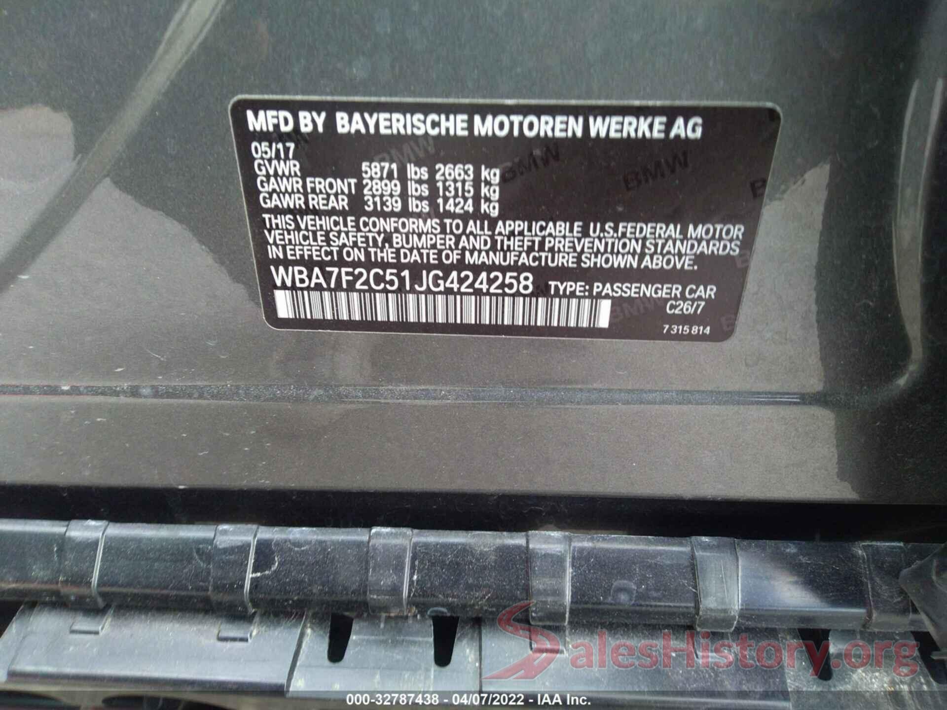 WBA7F2C51JG424258 2018 BMW 7 SERIES