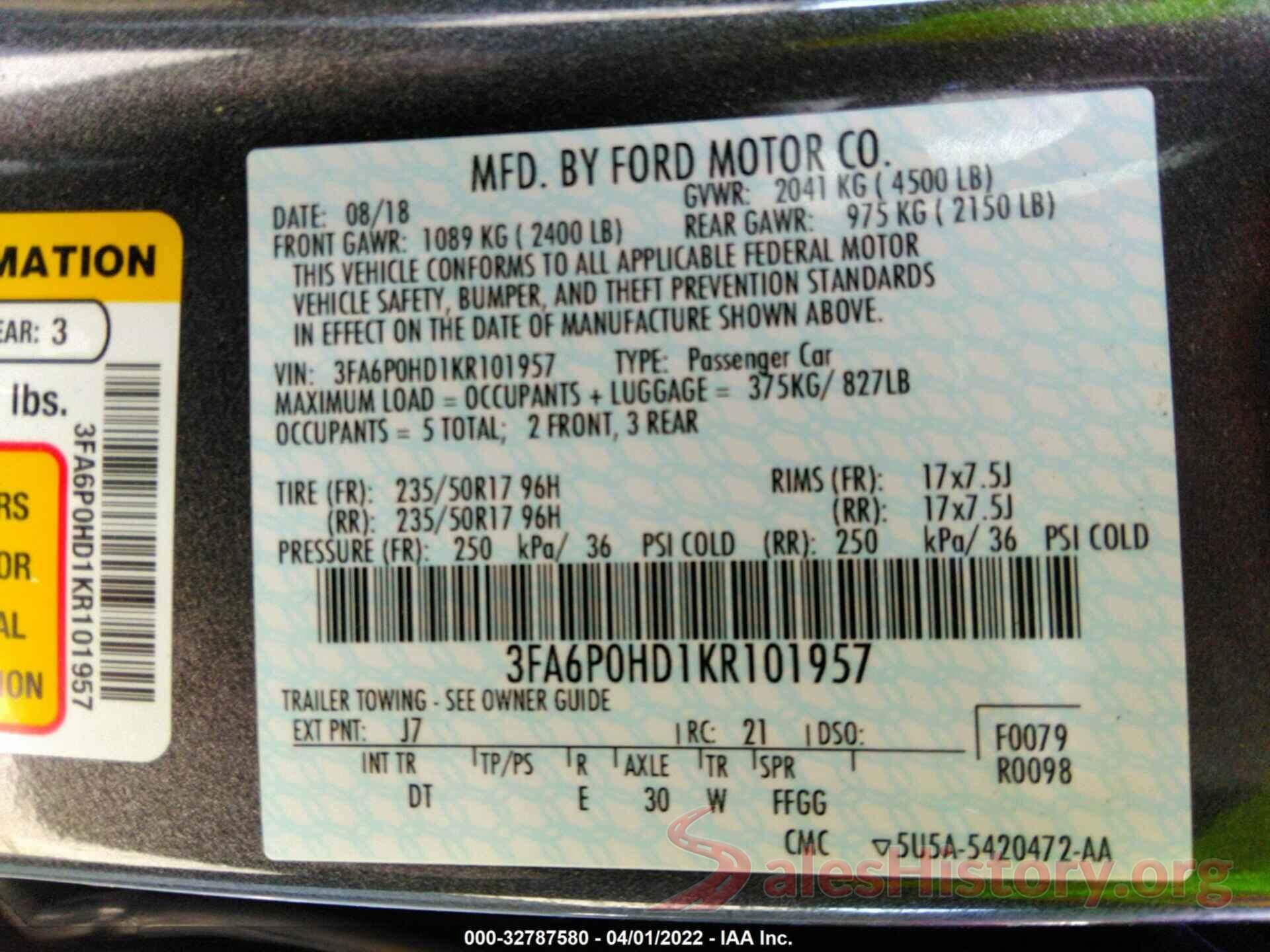 3FA6P0HD1KR101957 2019 FORD FUSION