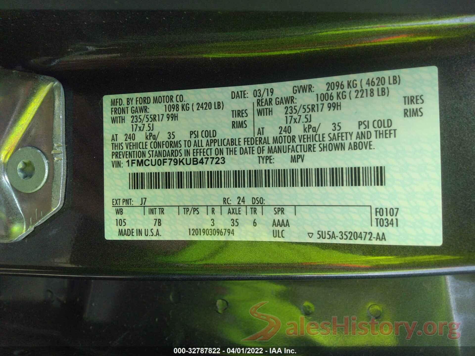 1FMCU0F79KUB47723 2019 FORD ESCAPE