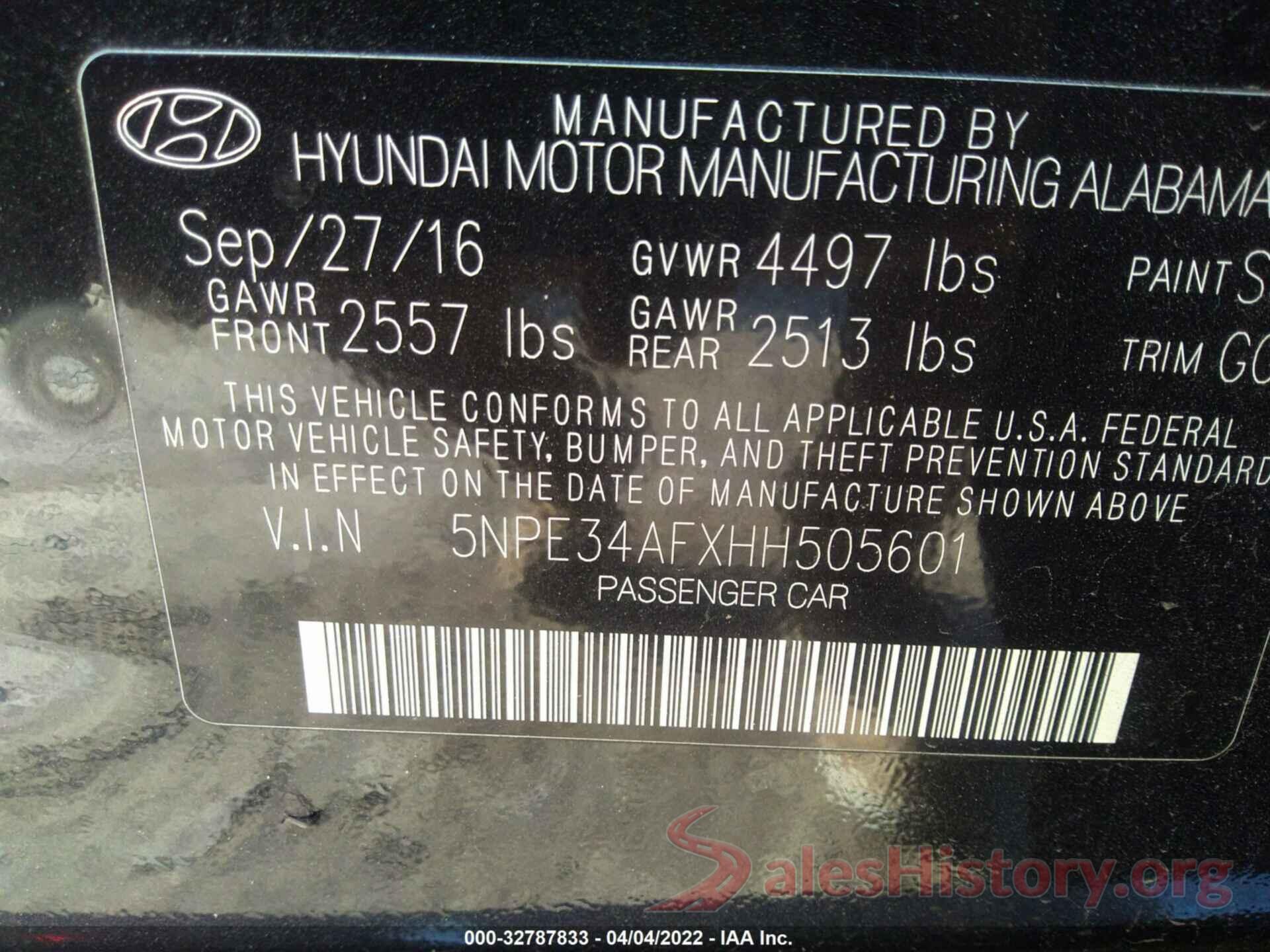 5NPE34AFXHH505601 2017 HYUNDAI SONATA