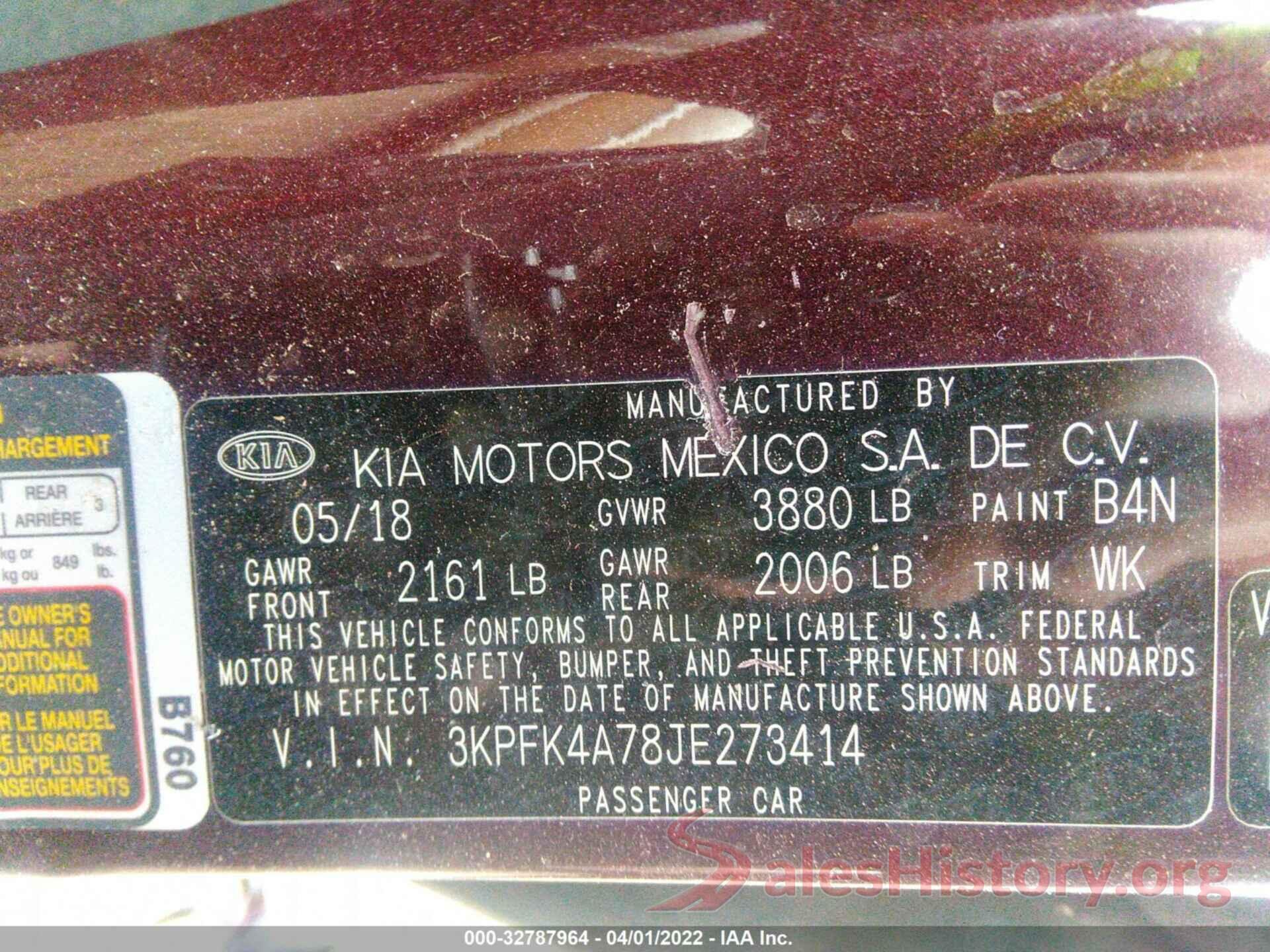 3KPFK4A78JE273414 2018 KIA FORTE