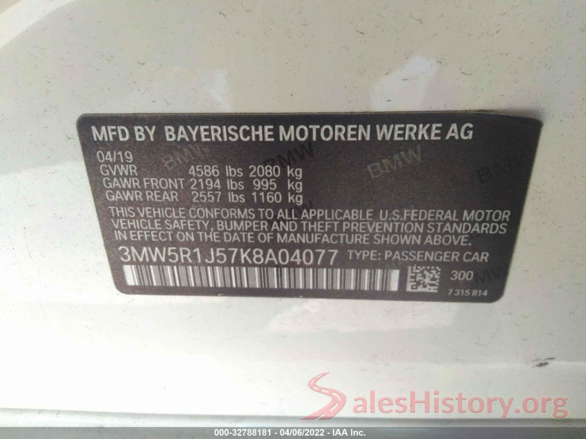 3MW5R1J57K8A04077 2019 BMW 3 SERIES