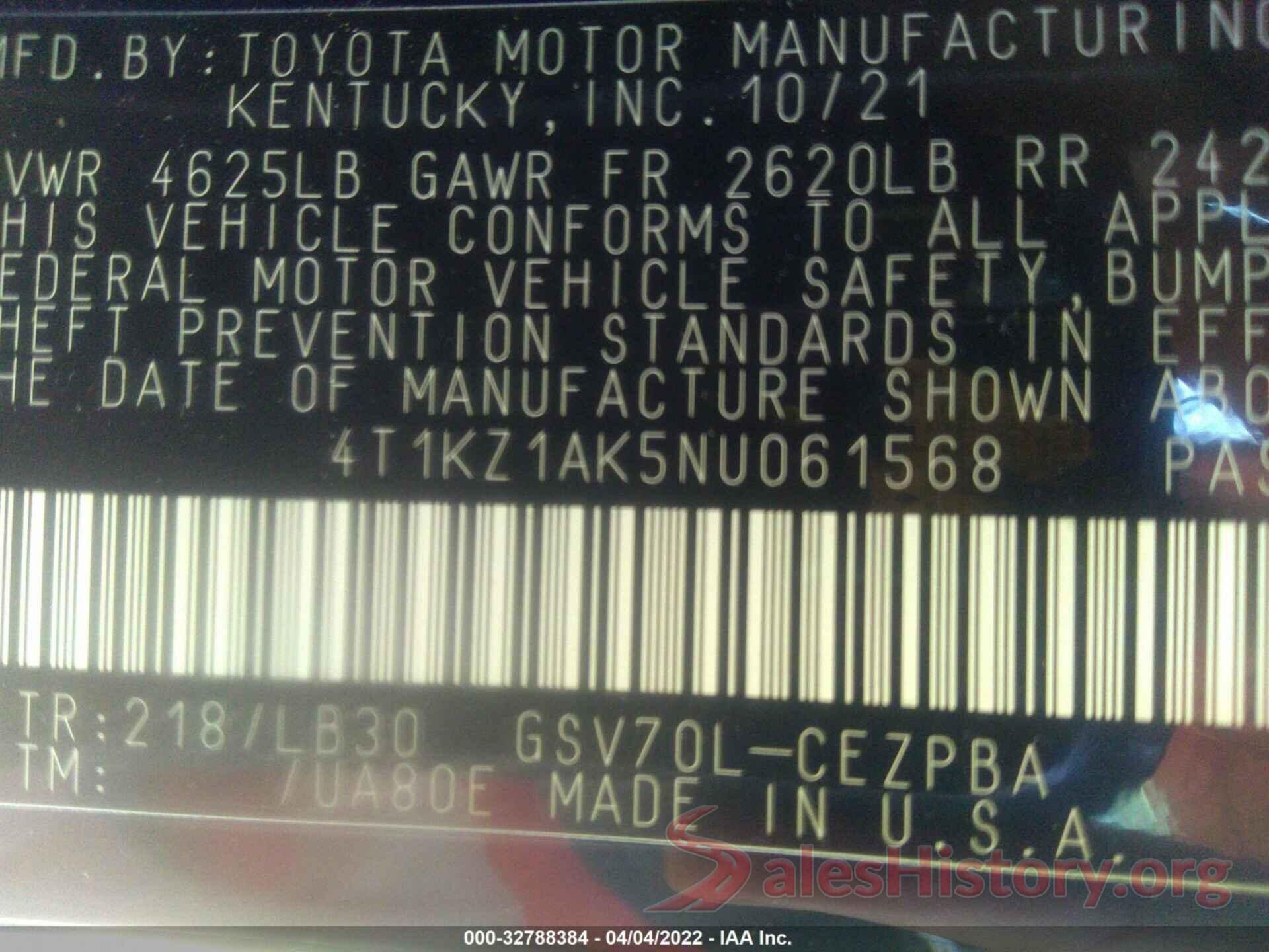 4T1KZ1AK5NU061568 2022 TOYOTA CAMRY