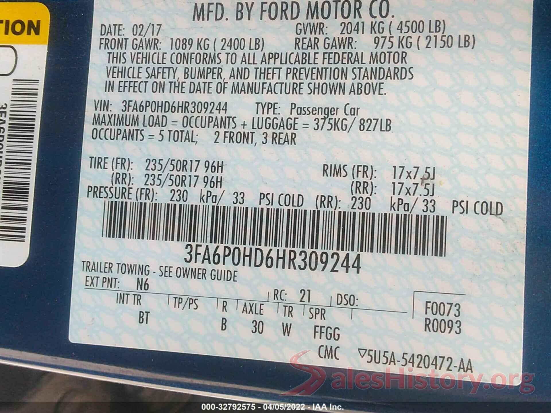 3FA6P0HD6HR309244 2017 FORD FUSION