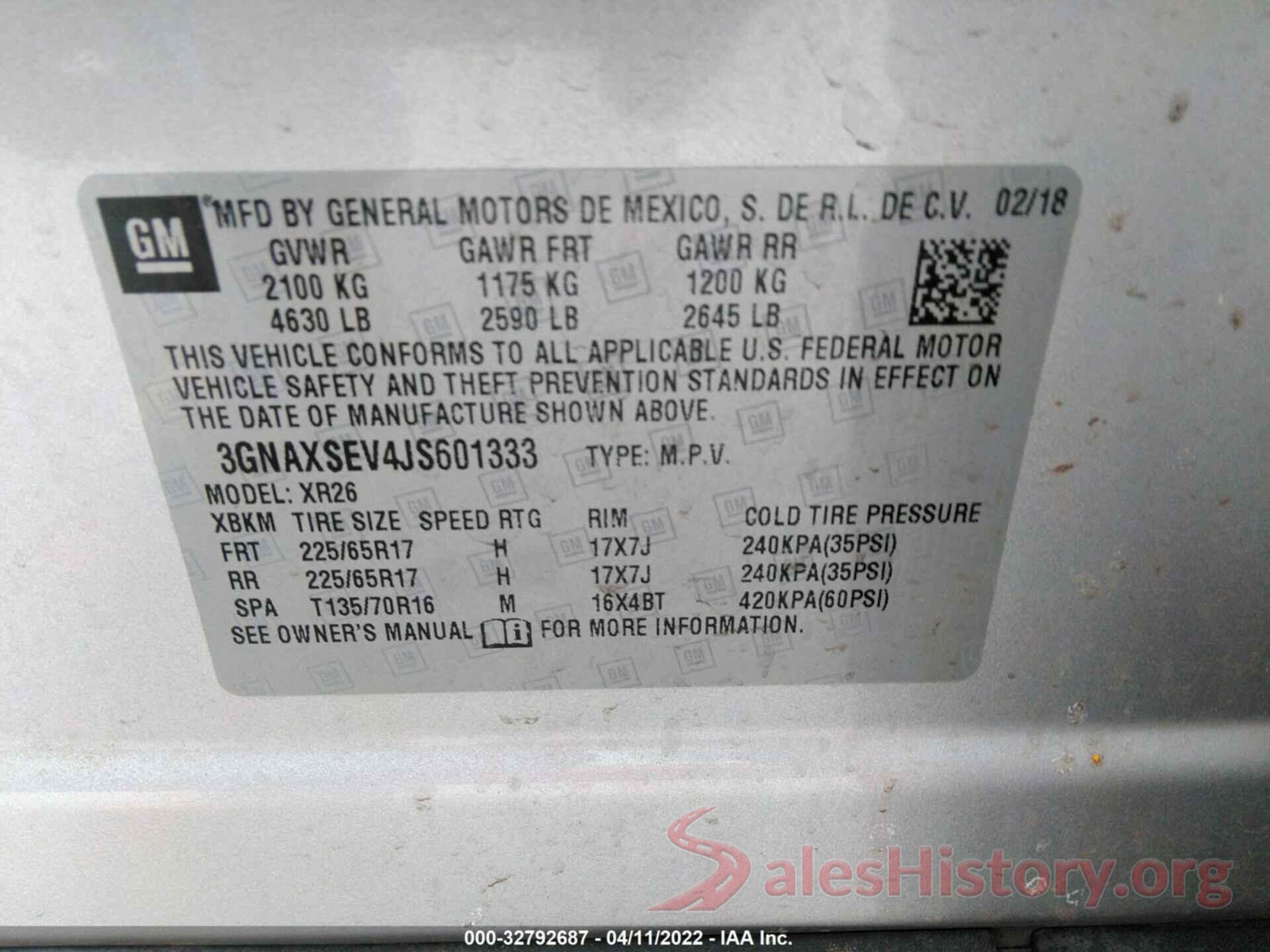 3GNAXSEV4JS601333 2018 CHEVROLET EQUINOX