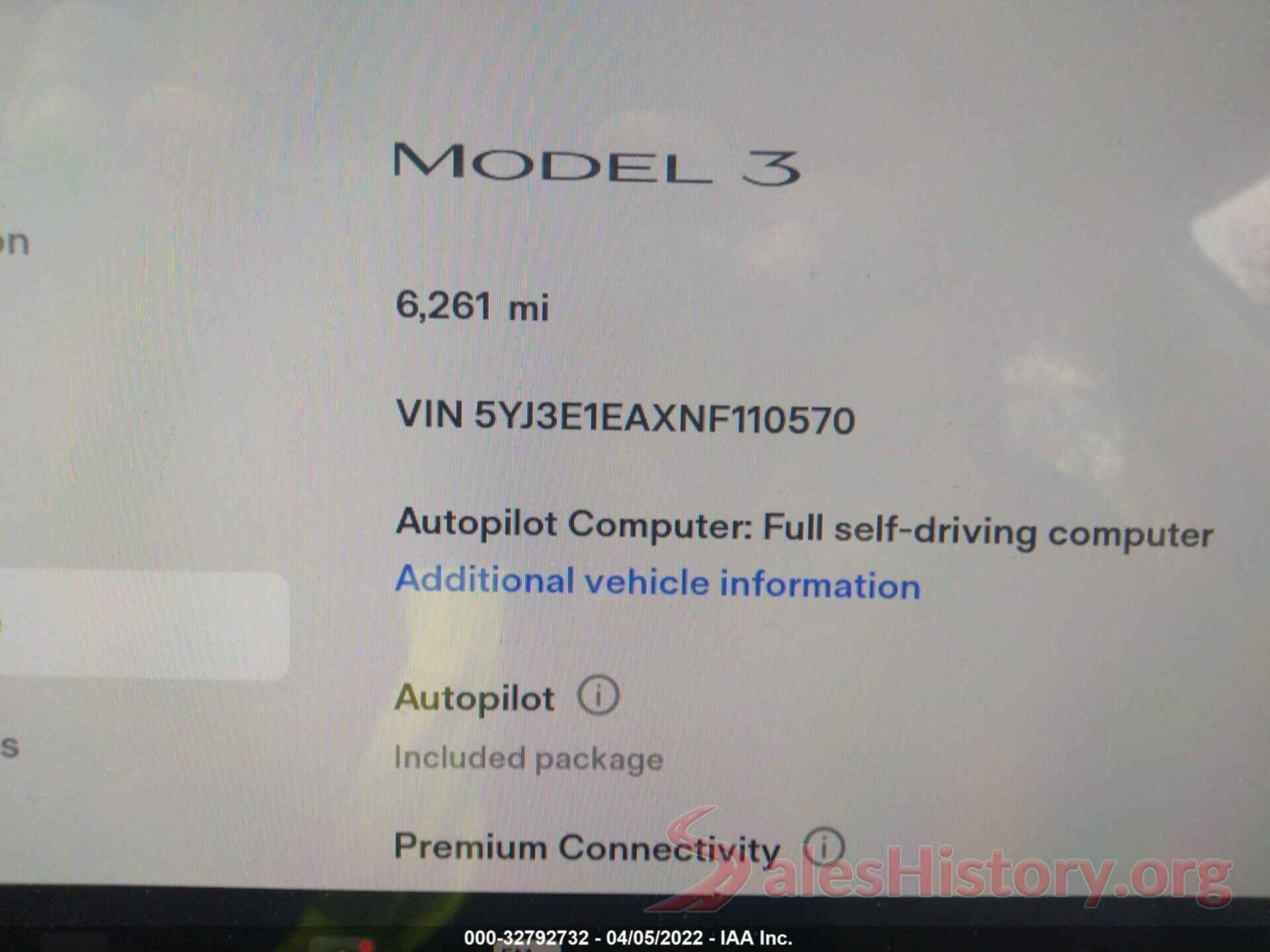 5YJ3E1EAXNF110570 2022 TESLA MODEL 3