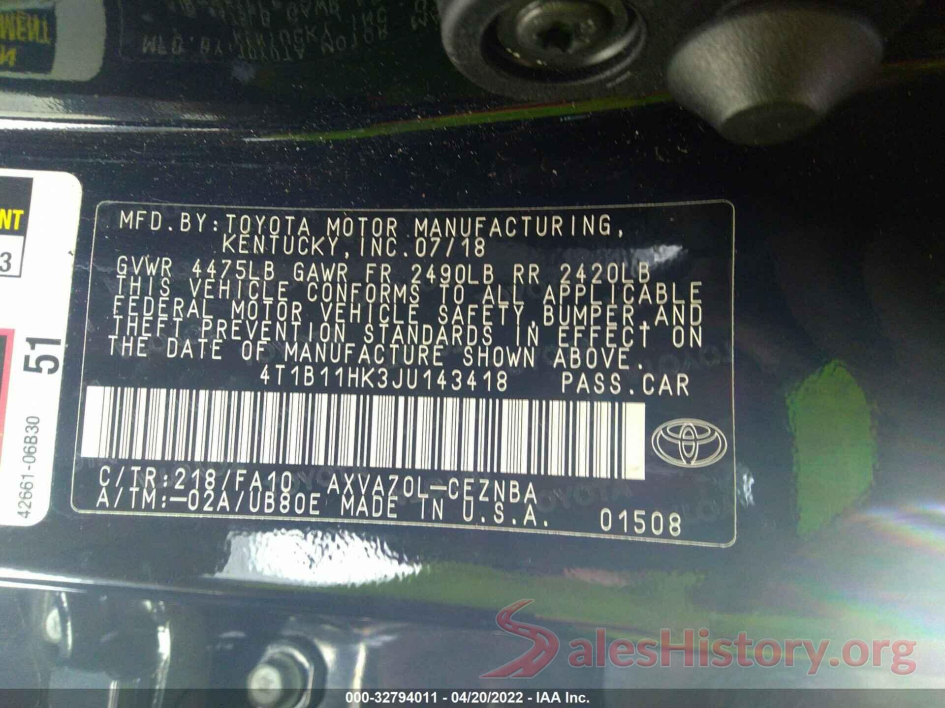 4T1B11HK3JU143418 2018 TOYOTA CAMRY