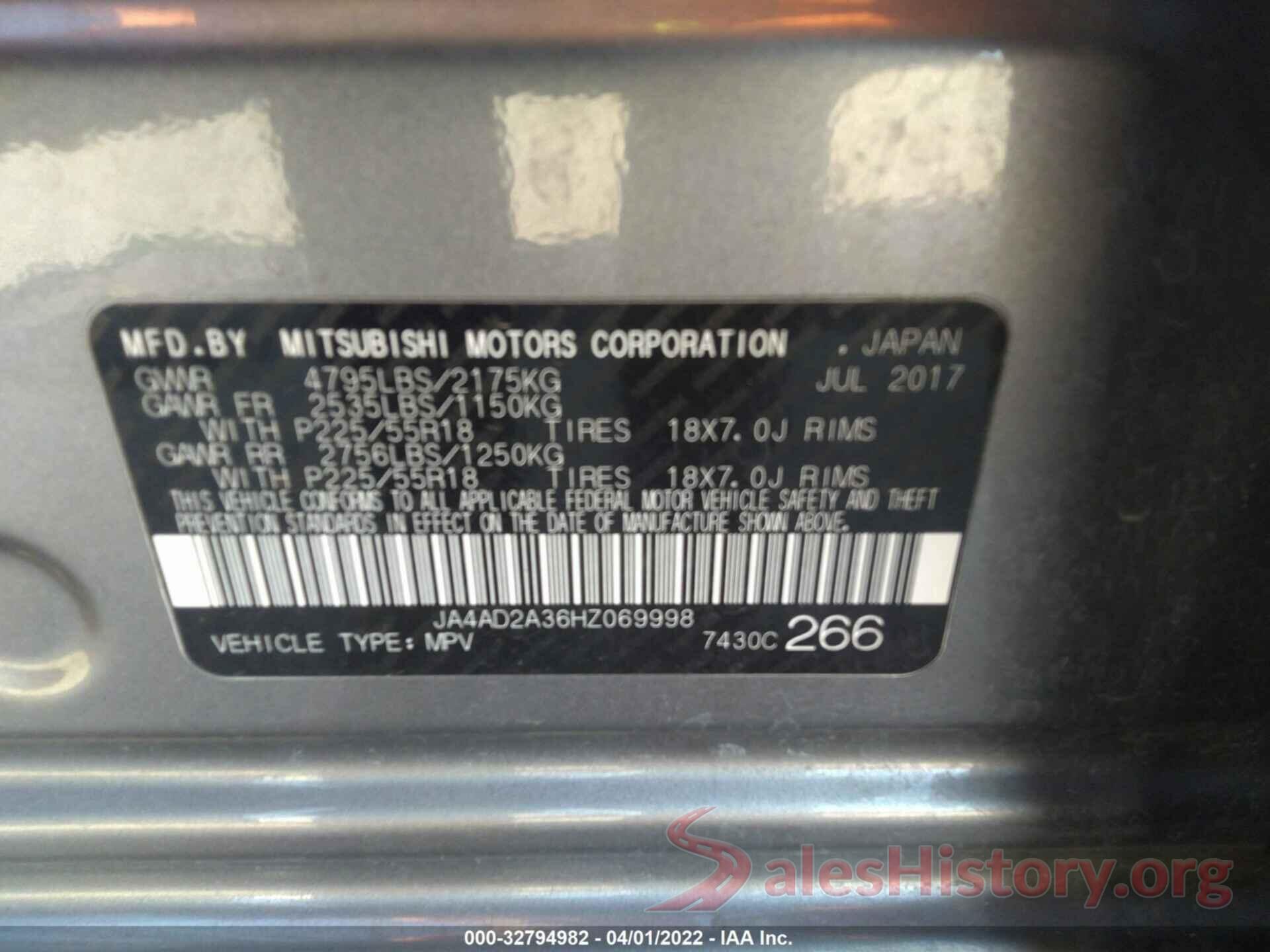 JA4AD2A36HZ069998 2017 MITSUBISHI OUTLANDER