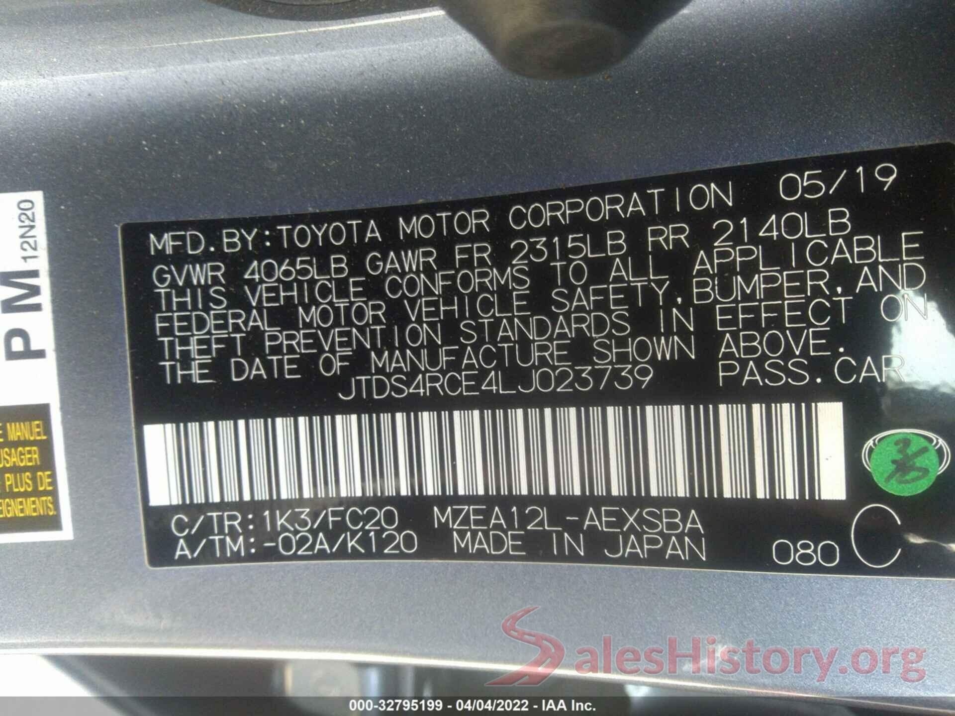 JTDS4RCE4LJ023739 2020 TOYOTA COROLLA