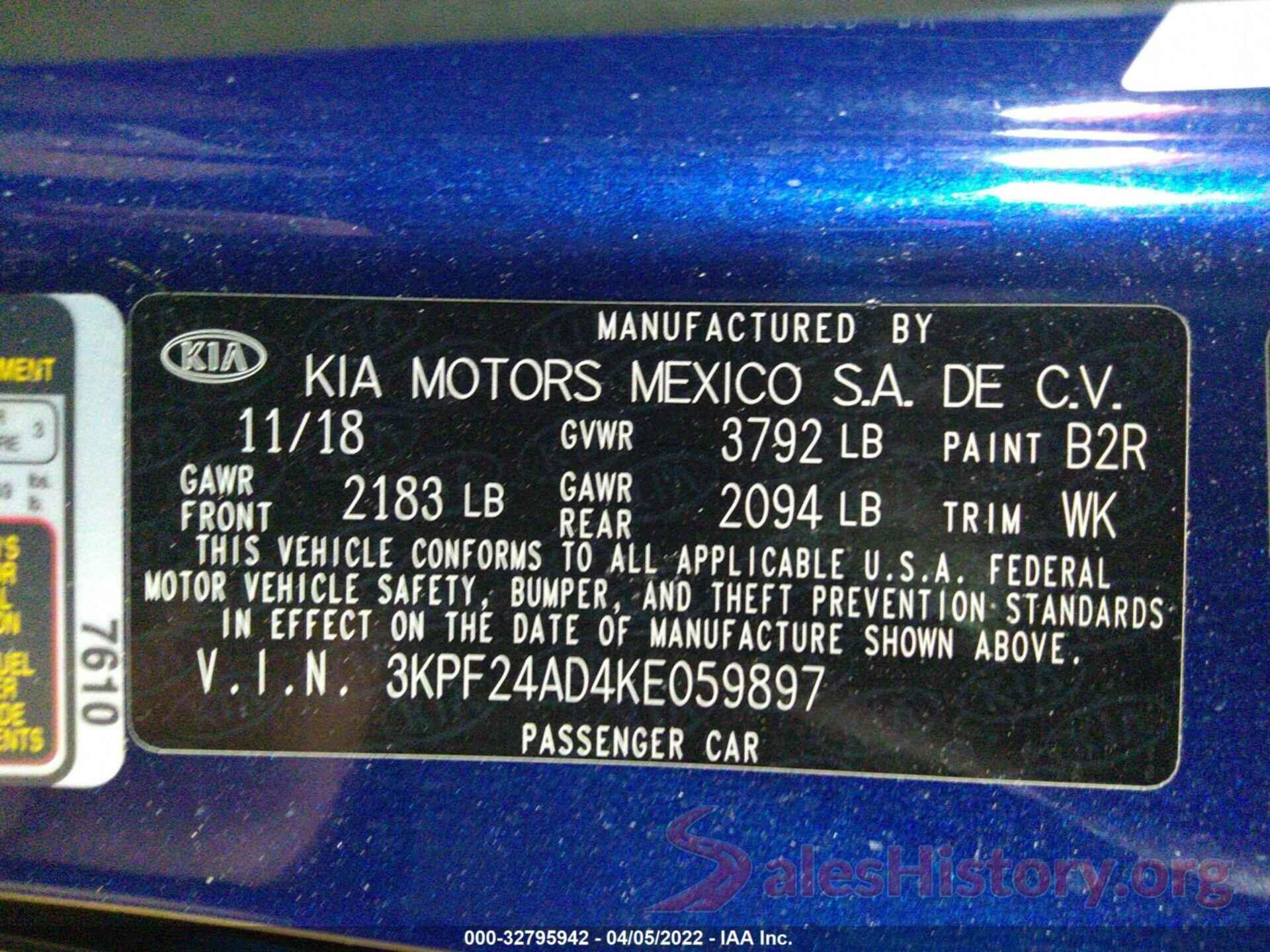 3KPF24AD4KE059897 2019 KIA FORTE