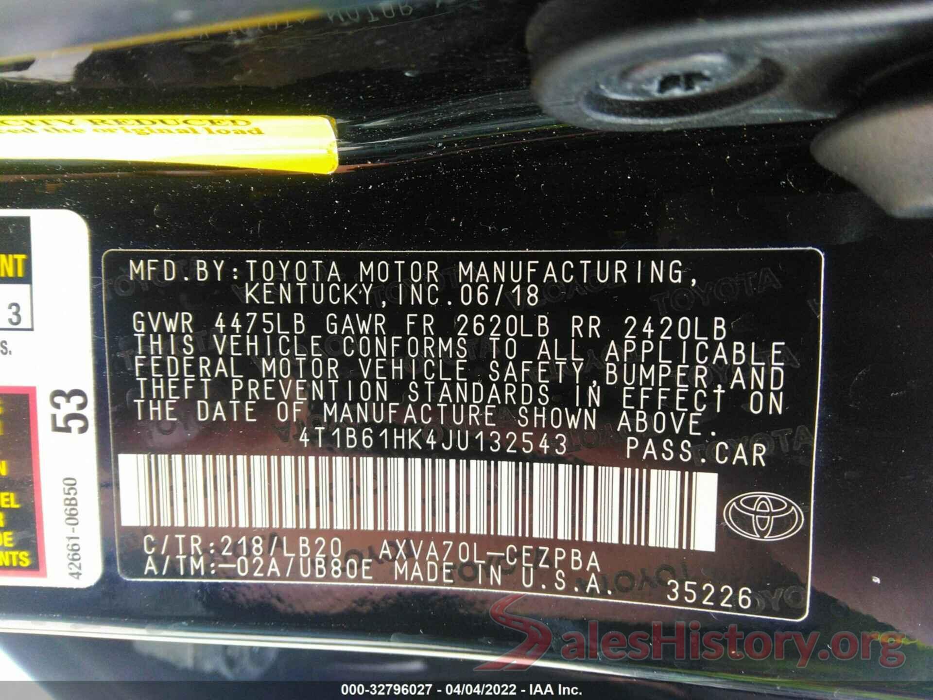 4T1B61HK4JU132543 2018 TOYOTA CAMRY