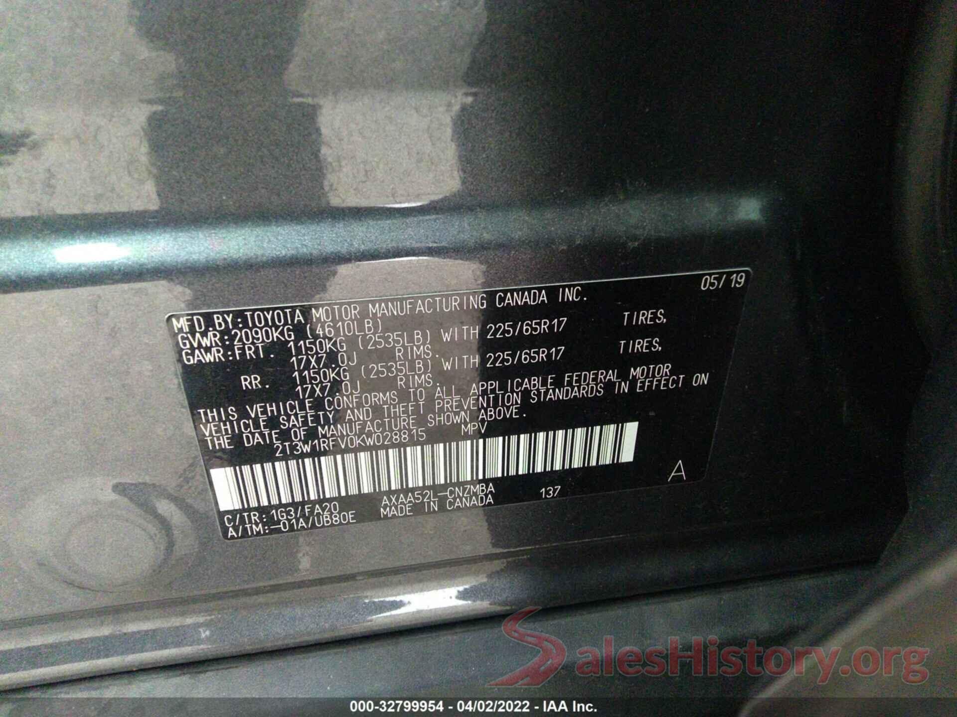 2T3W1RFV0KW028815 2019 TOYOTA RAV4