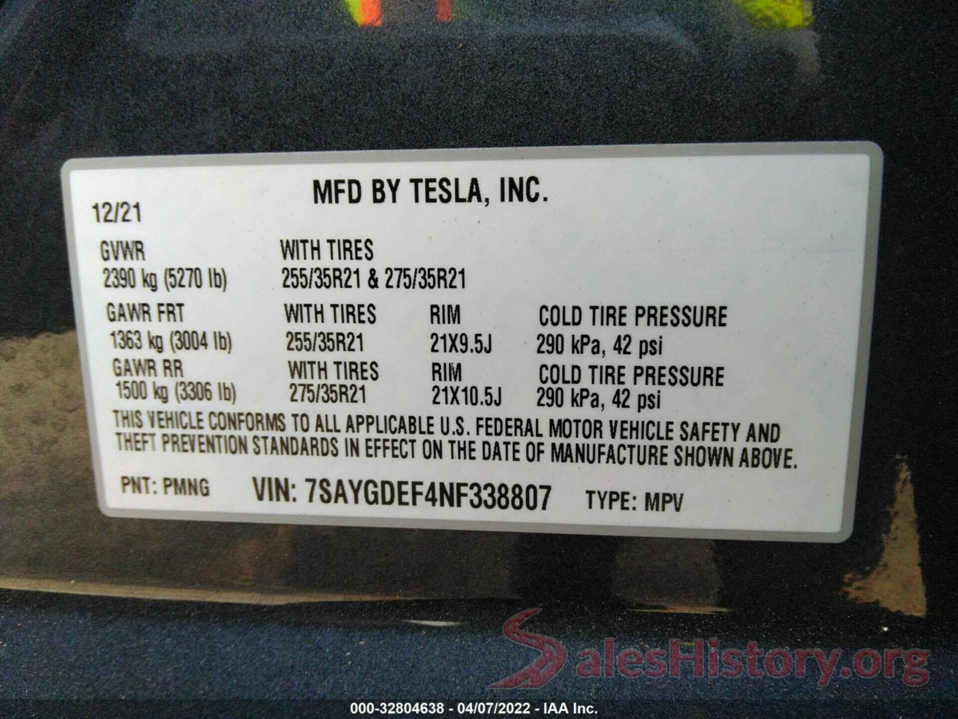 7SAYGDEF4NF338807 2022 TESLA MODEL Y