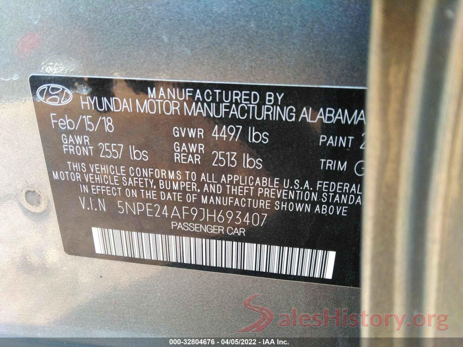 5NPE24AF9JH693407 2018 HYUNDAI SONATA