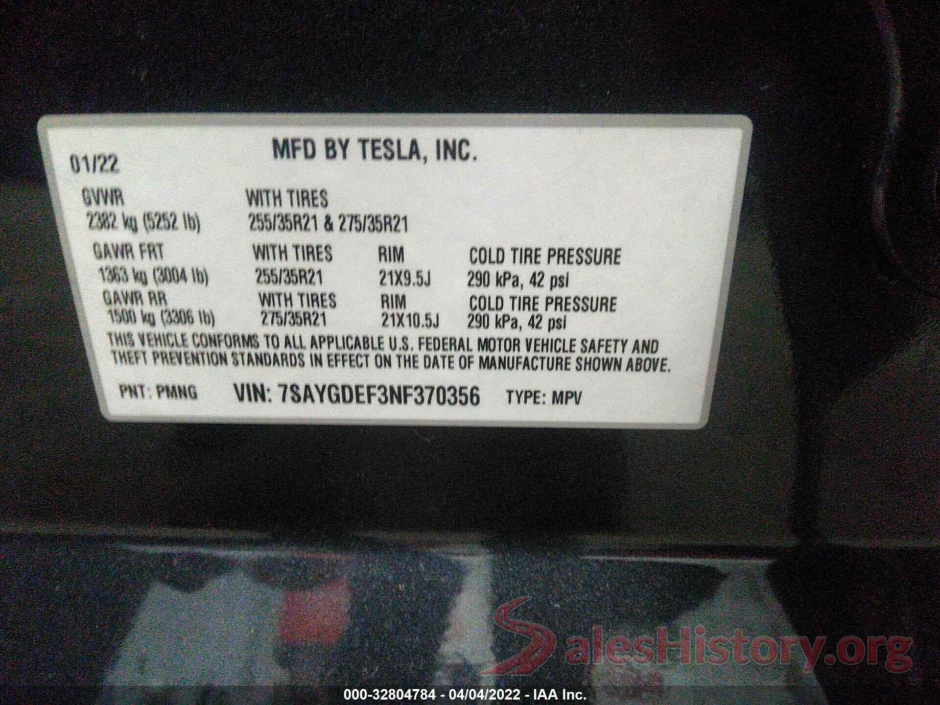 7SAYGDEF3NF370356 2022 TESLA MODEL Y