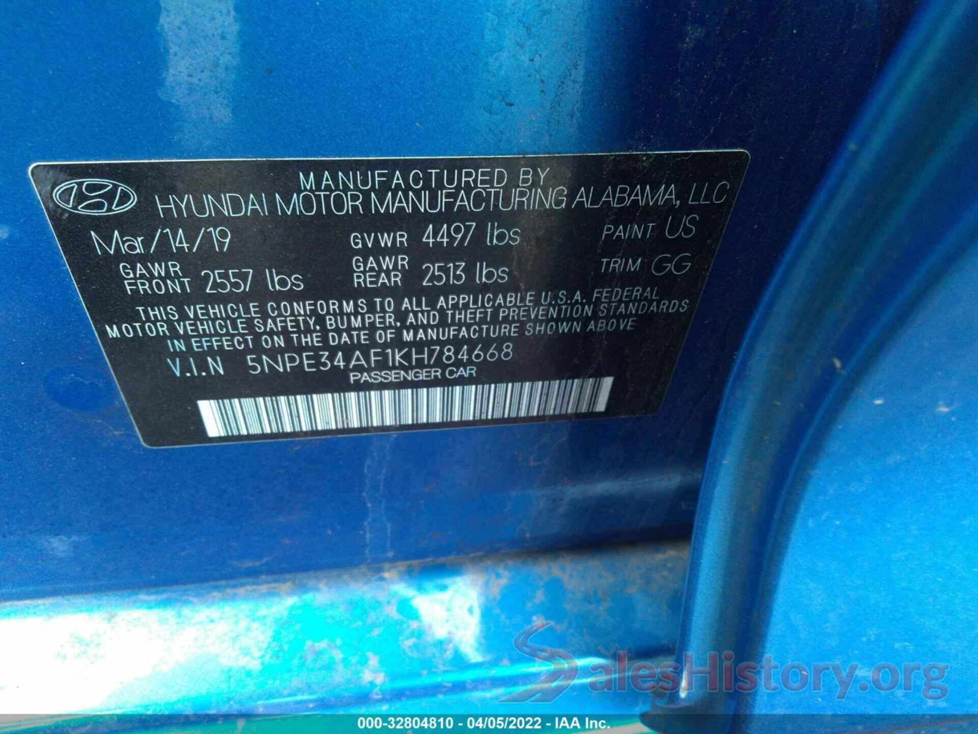 5NPE34AF1KH784668 2019 HYUNDAI SONATA