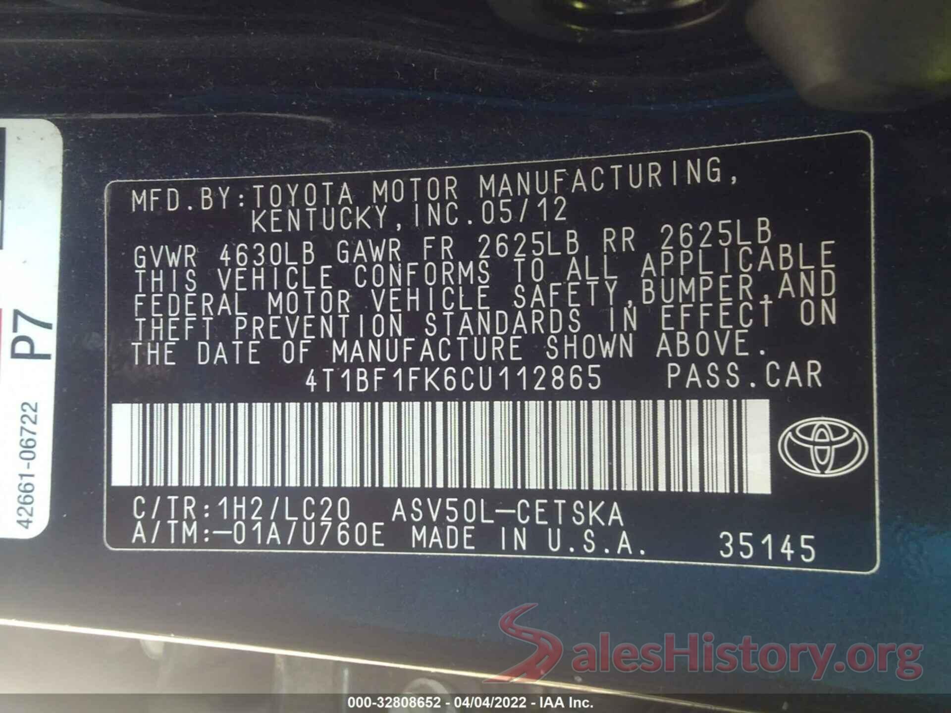 4T1BF1FK6CU112865 2012 TOYOTA CAMRY