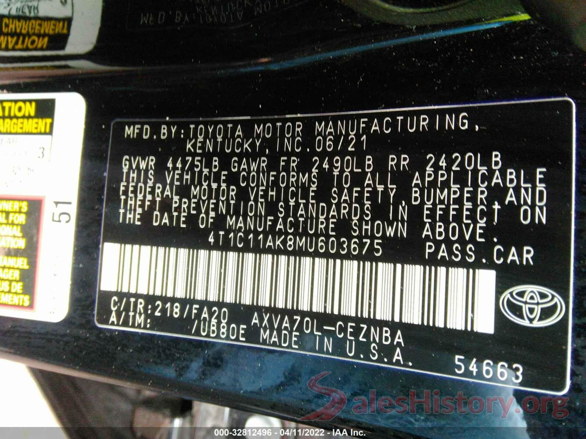 4T1C11AK8MU603675 2021 TOYOTA CAMRY