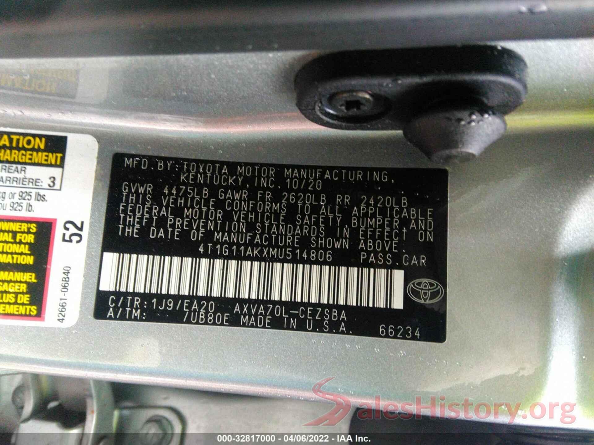 4T1G11AKXMU514806 2021 TOYOTA CAMRY