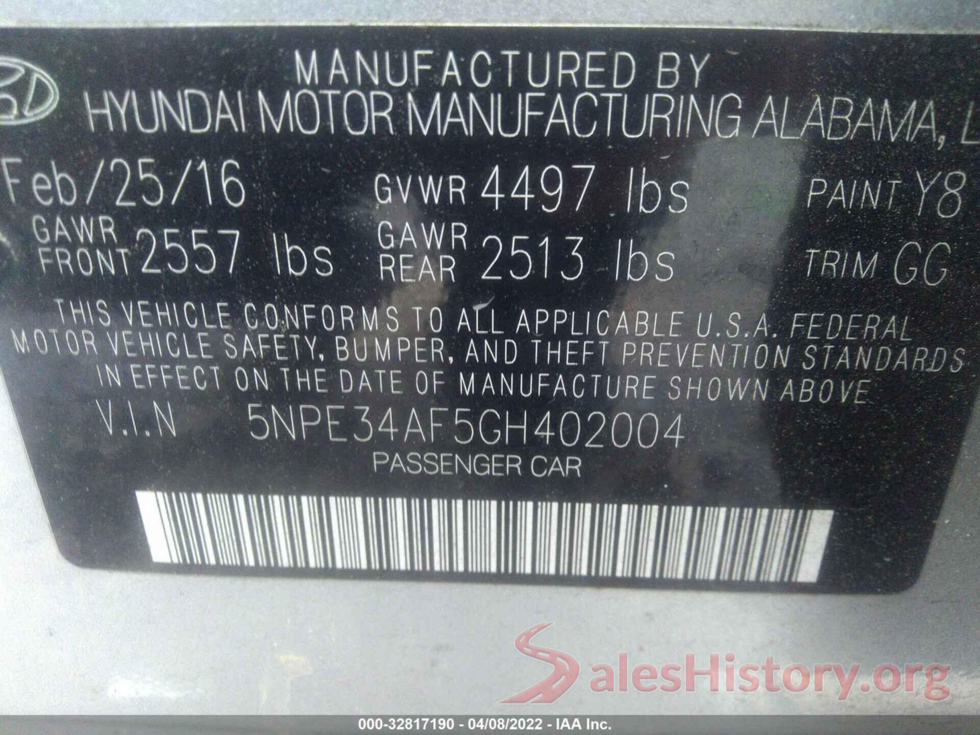 5NPE34AF5GH402004 2016 HYUNDAI SONATA