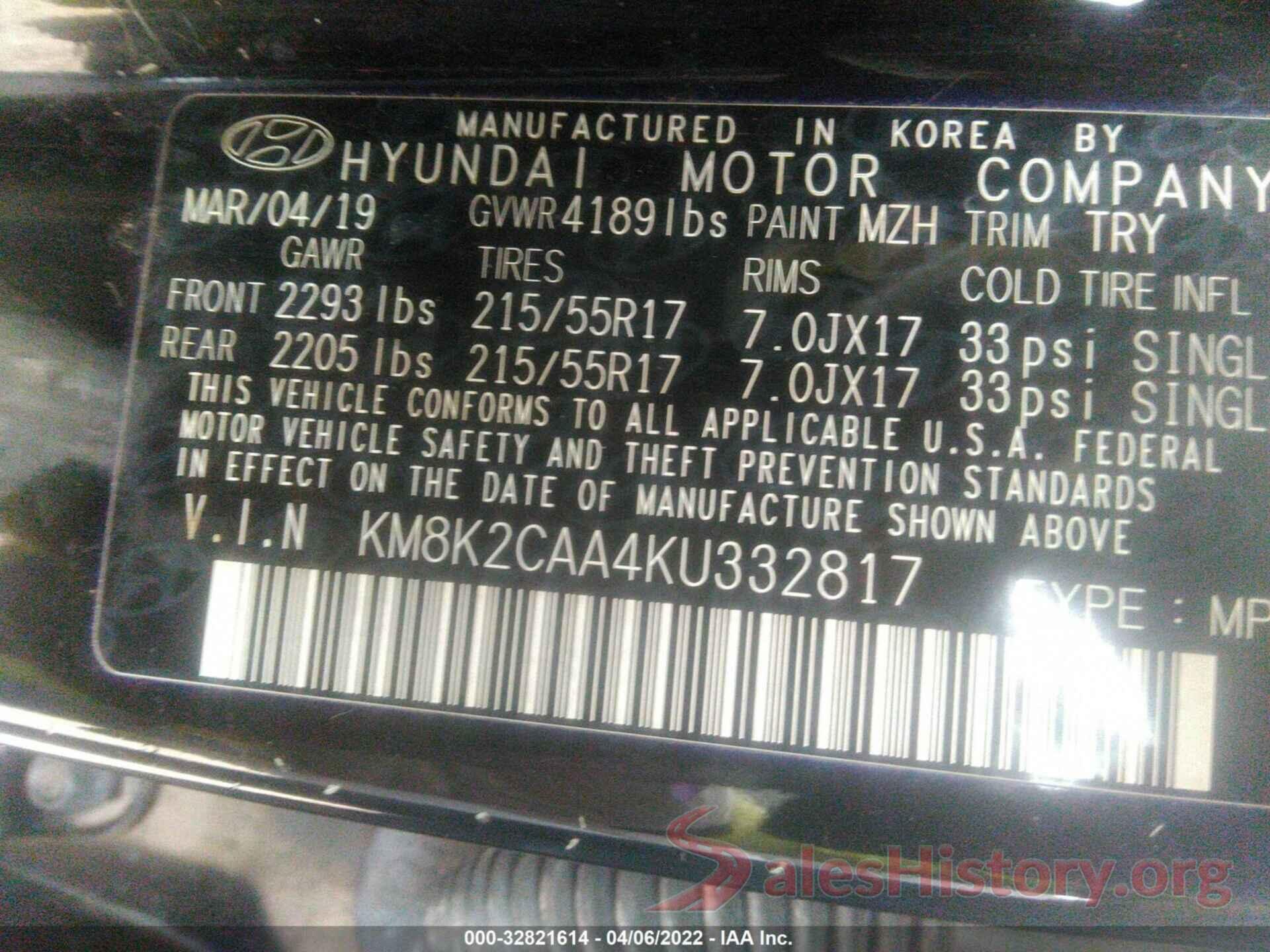 KM8K2CAA4KU332817 2019 HYUNDAI KONA