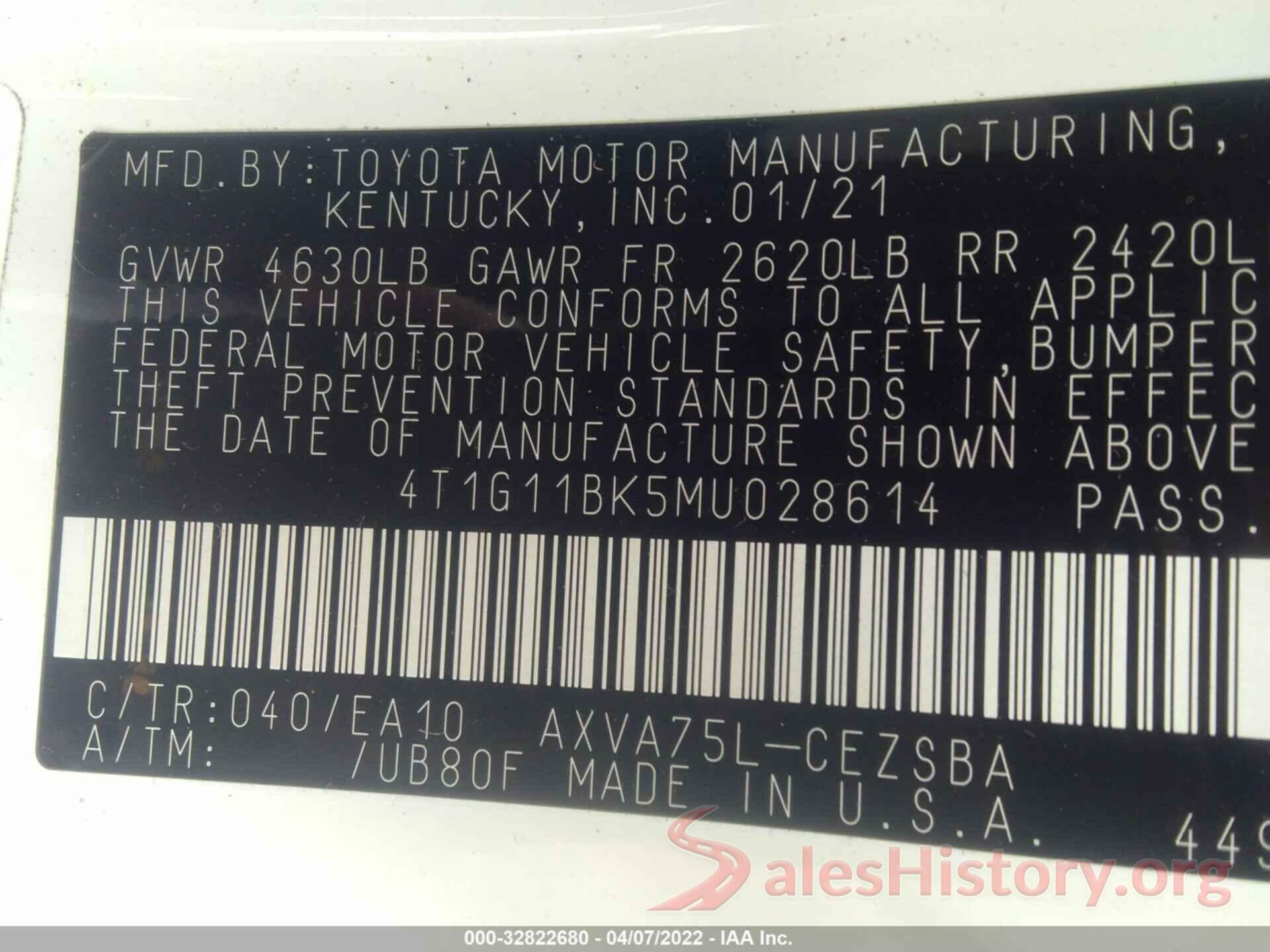 4T1G11BK5MU028614 2021 TOYOTA CAMRY