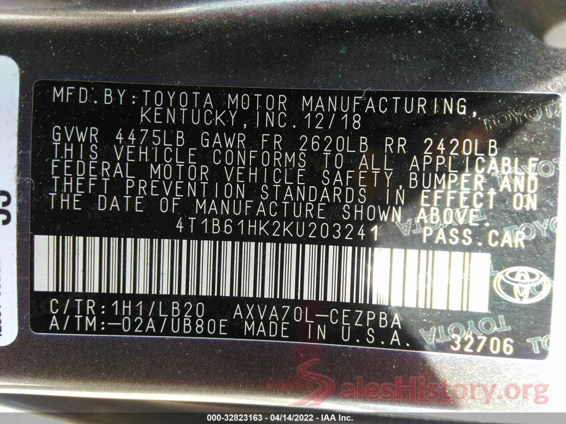 4T1B61HK2KU203241 2019 TOYOTA CAMRY