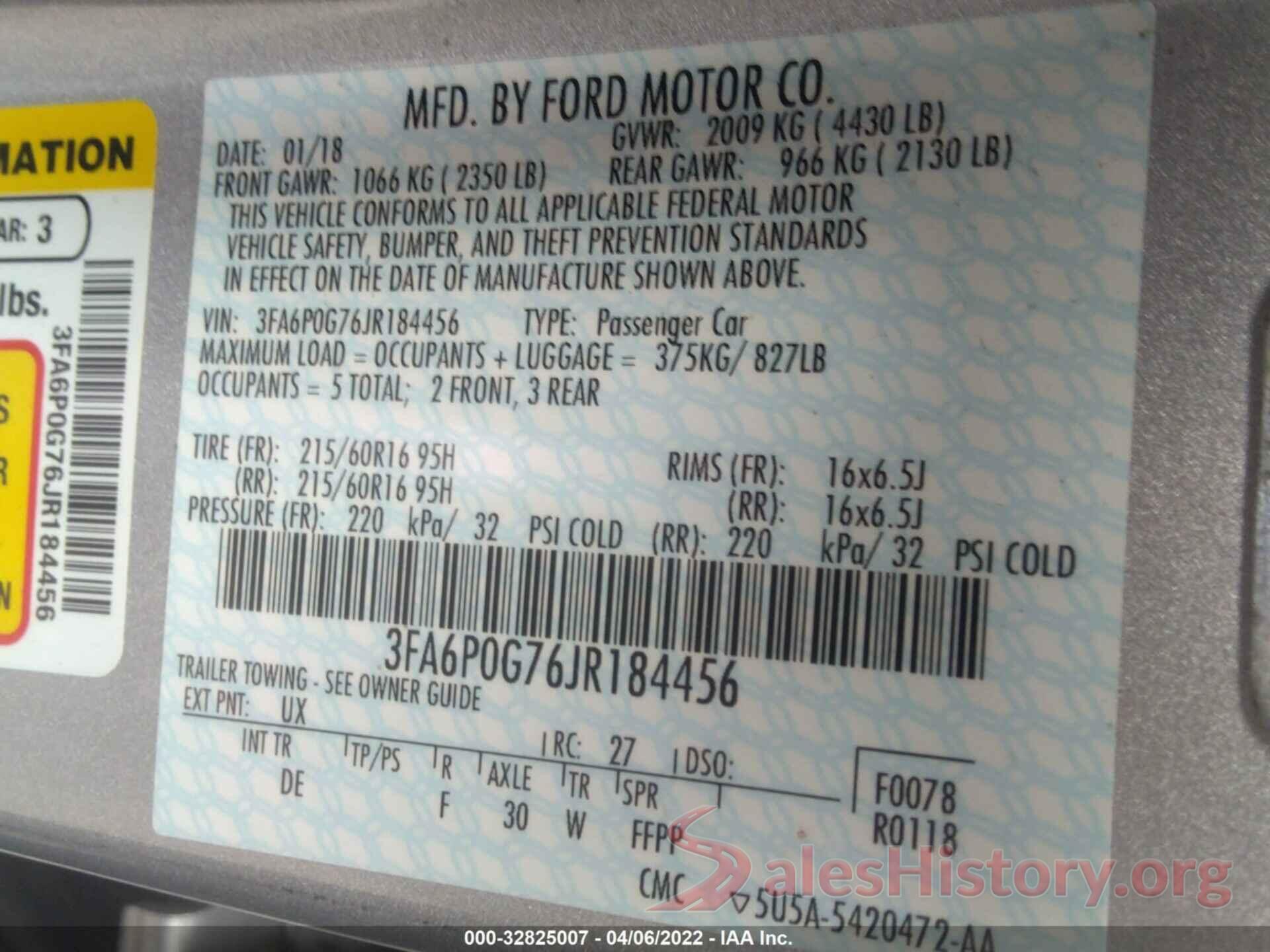 3FA6P0G76JR184456 2018 FORD FUSION