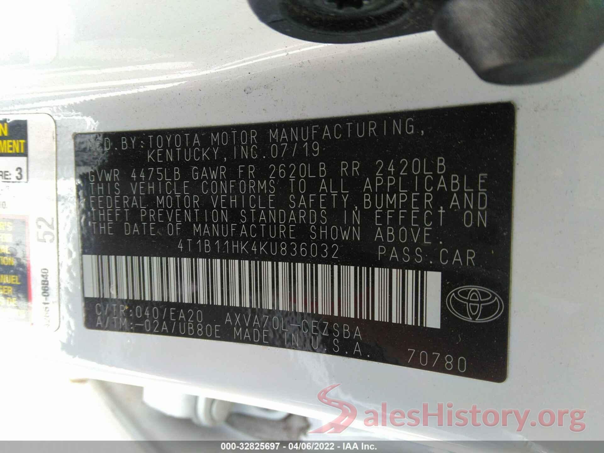 4T1B11HK4KU836032 2019 TOYOTA CAMRY