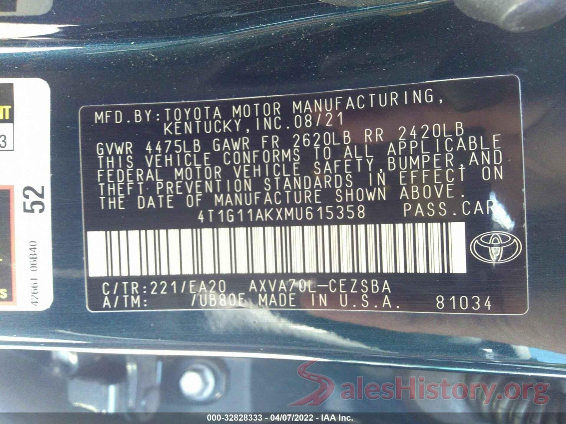 4T1G11AKXMU615358 2021 TOYOTA CAMRY