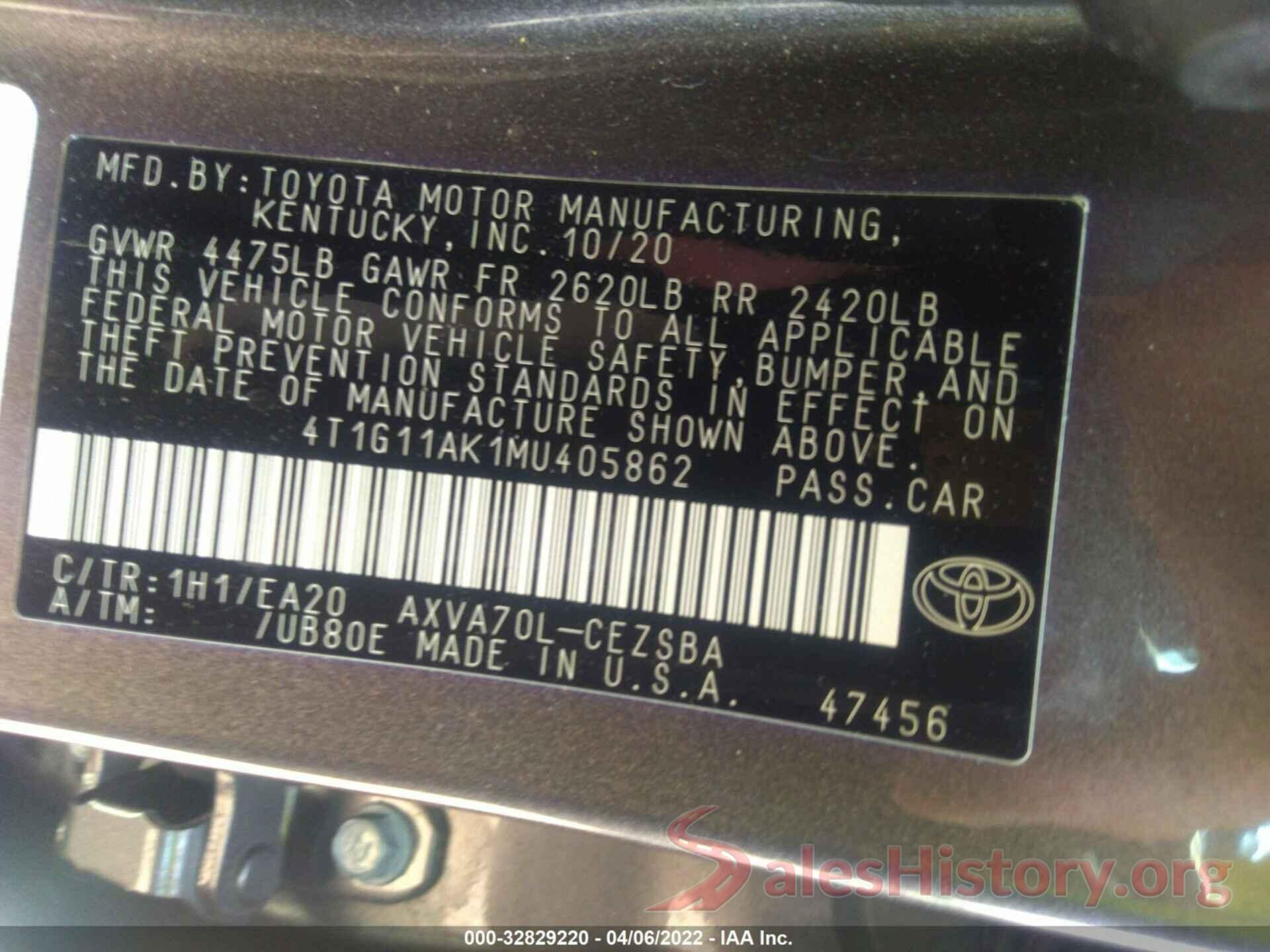 4T1G11AK1MU405862 2021 TOYOTA CAMRY