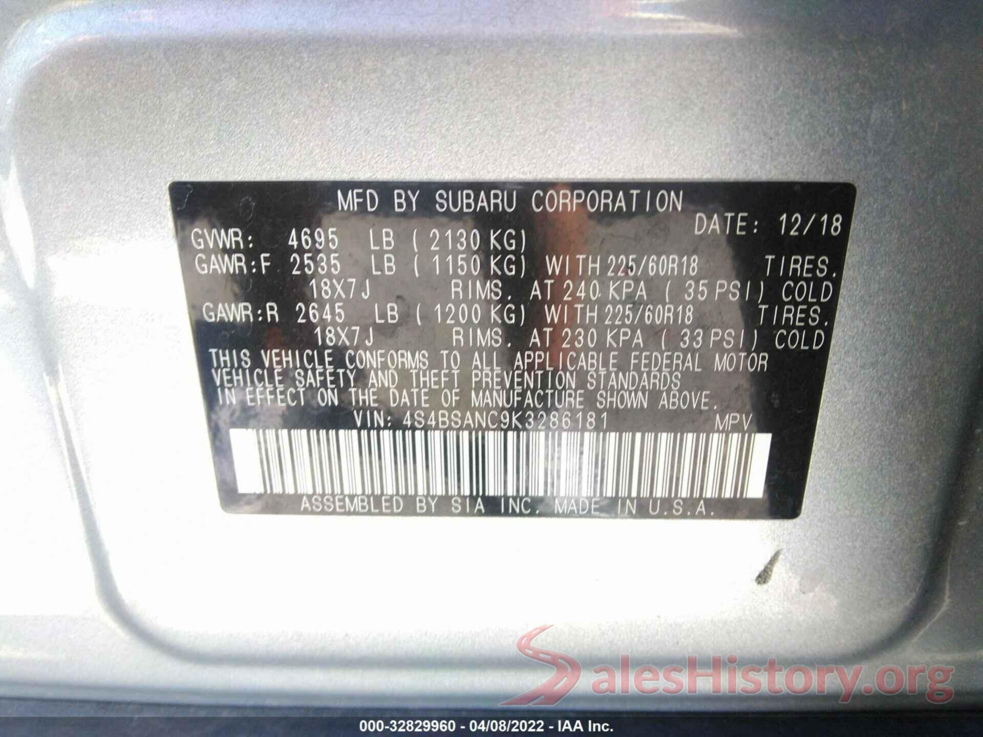 4S4BSANC9K3286181 2019 SUBARU OUTBACK