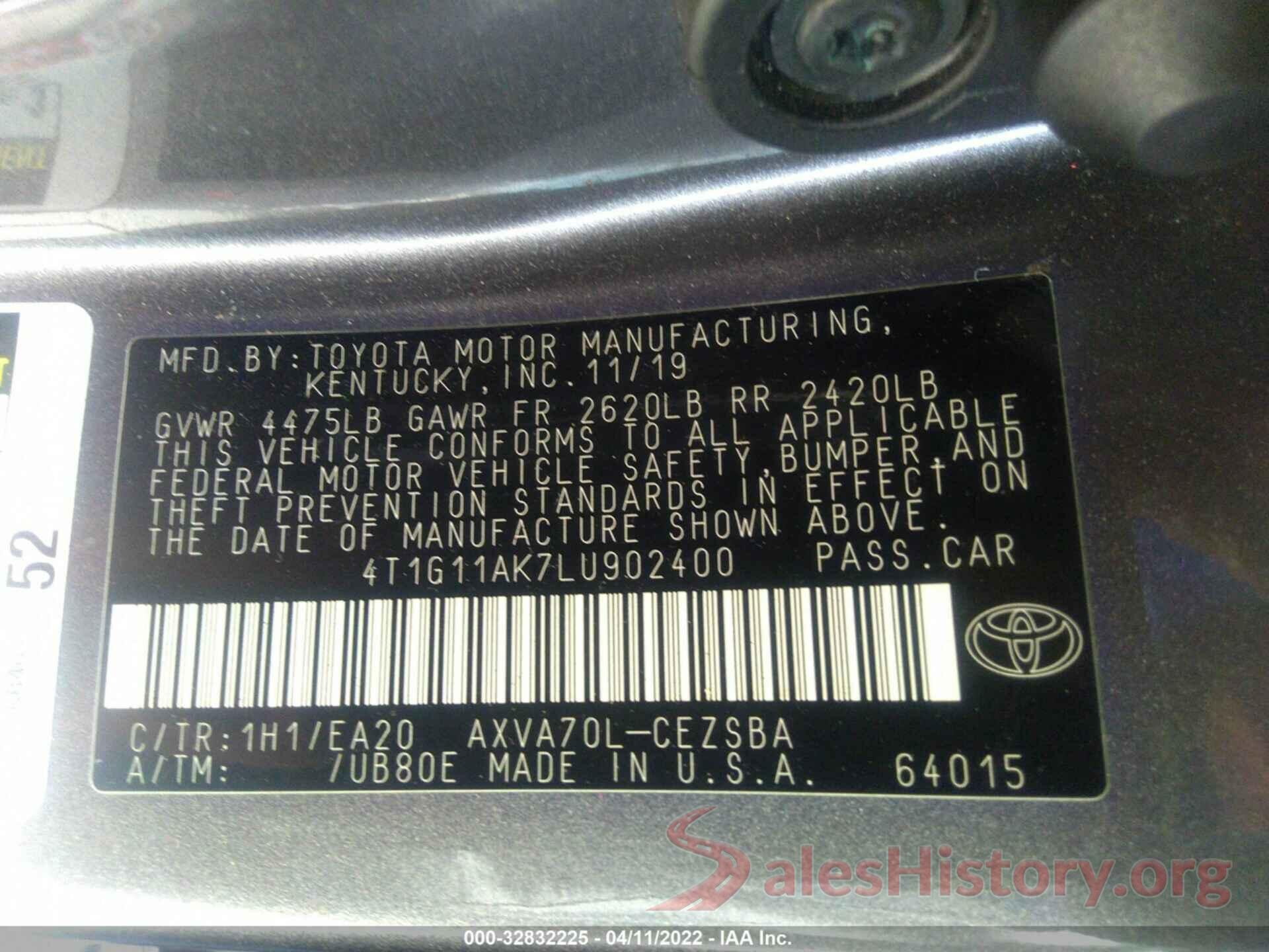 4T1G11AK7LU902400 2020 TOYOTA CAMRY