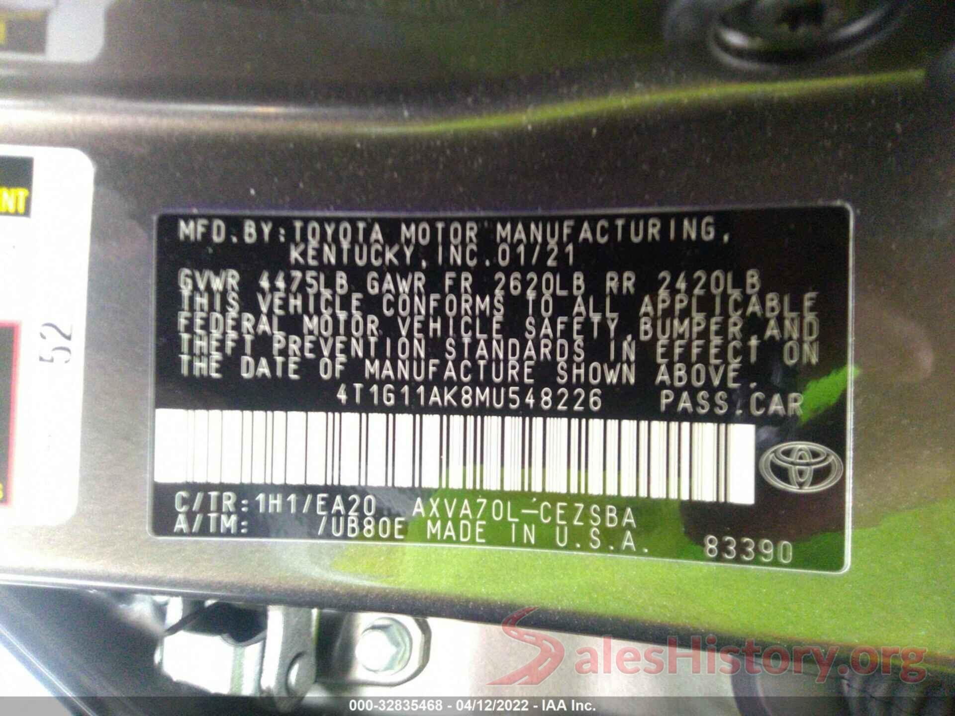 4T1G11AK8MU548226 2021 TOYOTA CAMRY