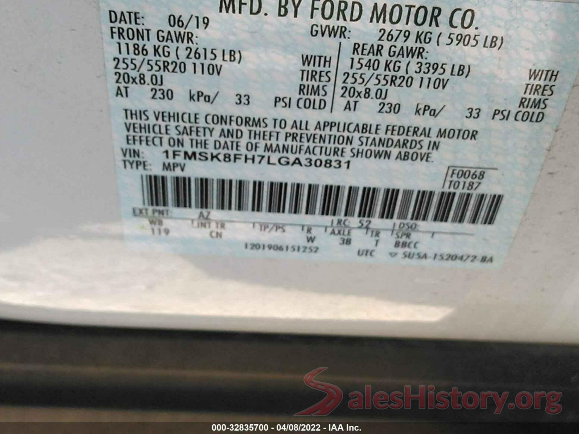 1FMSK8FH7LGA30831 2020 FORD EXPLORER