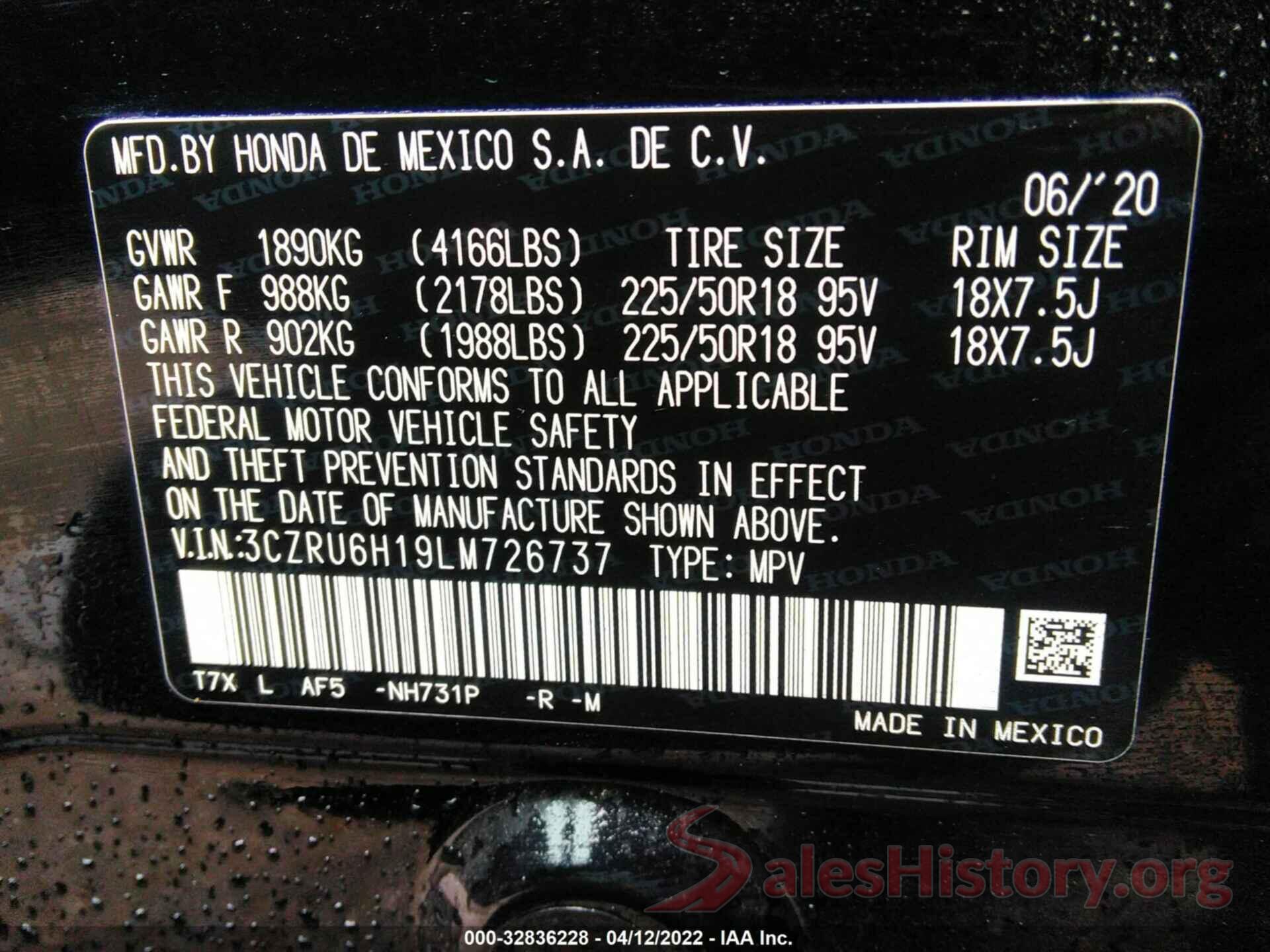 3CZRU6H19LM726737 2020 HONDA HR-V