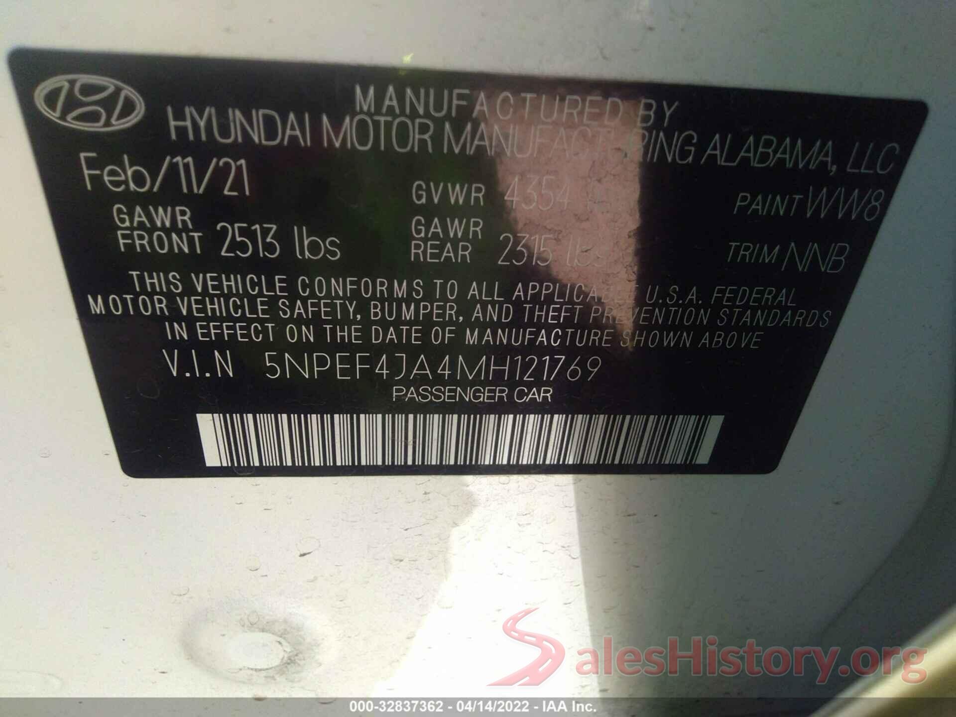 5NPEF4JA4MH121769 2021 HYUNDAI SONATA