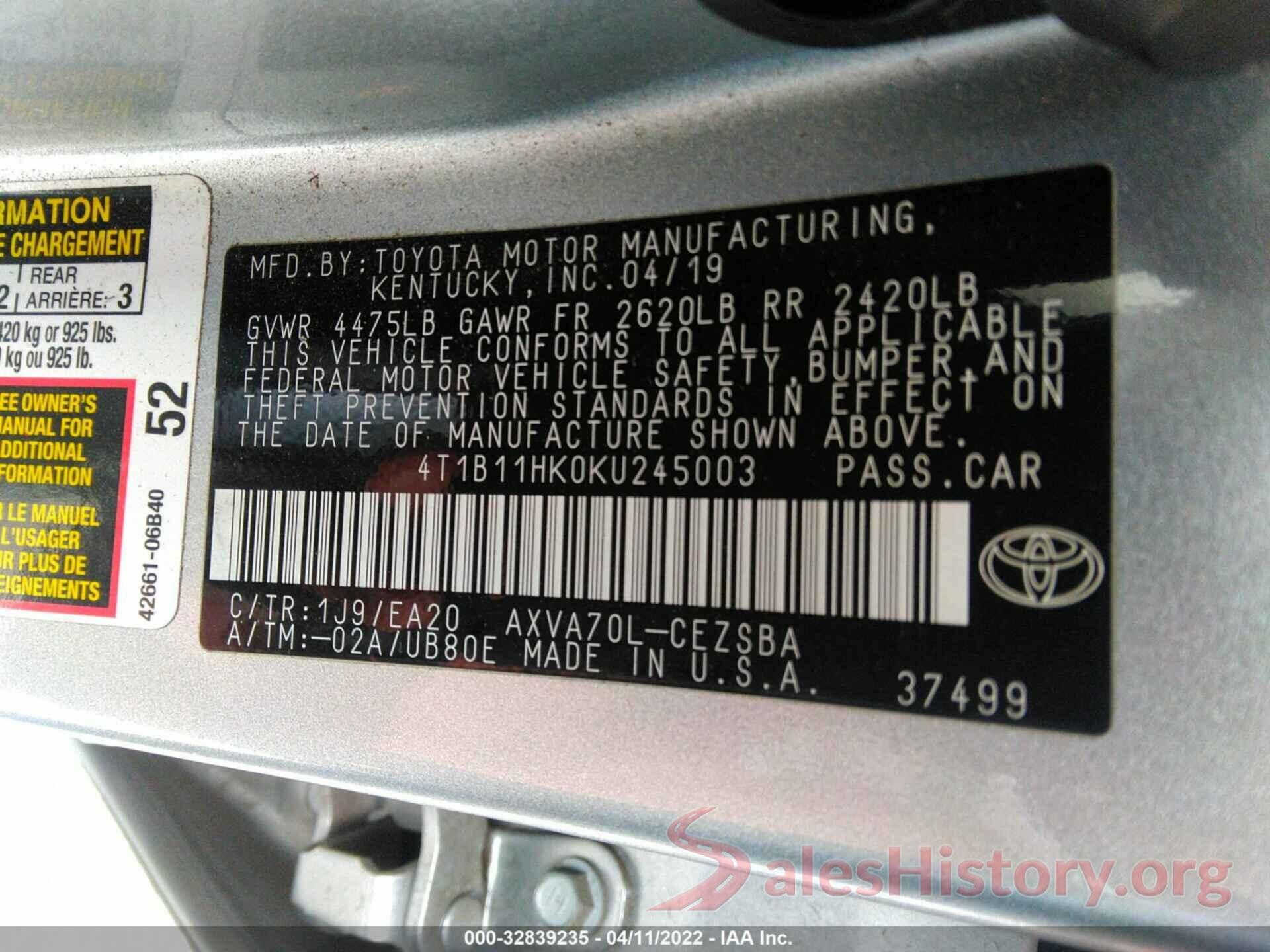 4T1B11HK0KU245003 2019 TOYOTA CAMRY