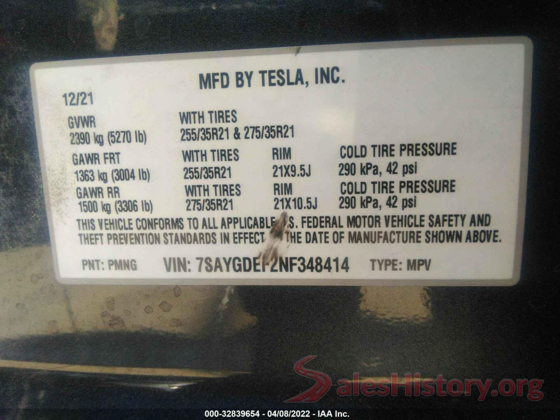 7SAYGDEF2NF348414 2022 TESLA MODEL Y