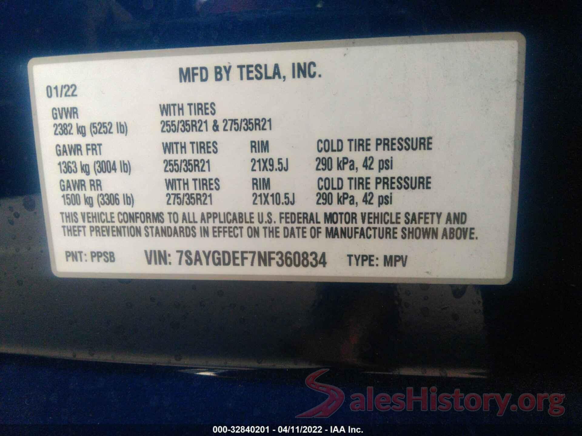 7SAYGDEF7NF360834 2022 TESLA MODEL Y