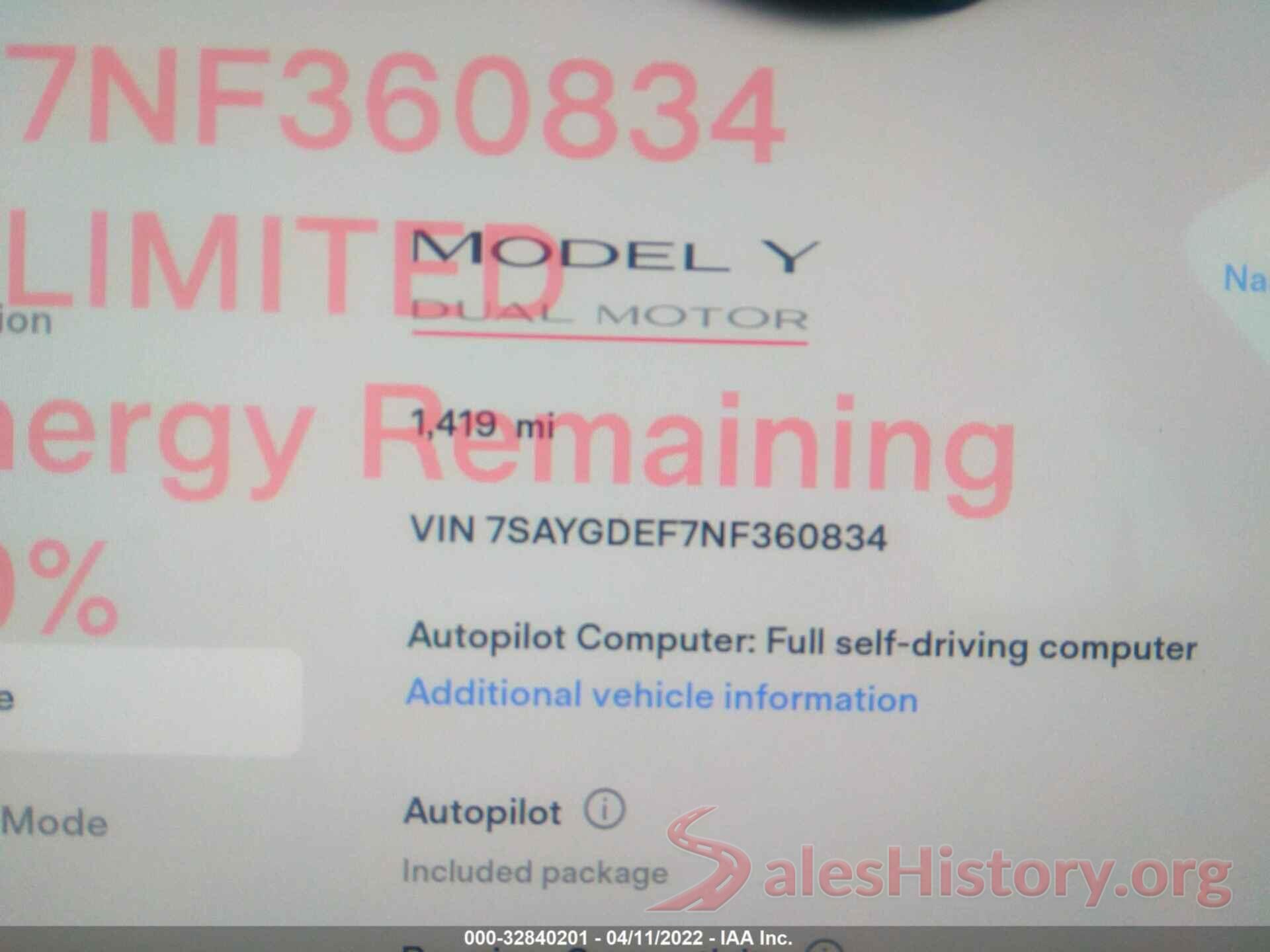 7SAYGDEF7NF360834 2022 TESLA MODEL Y