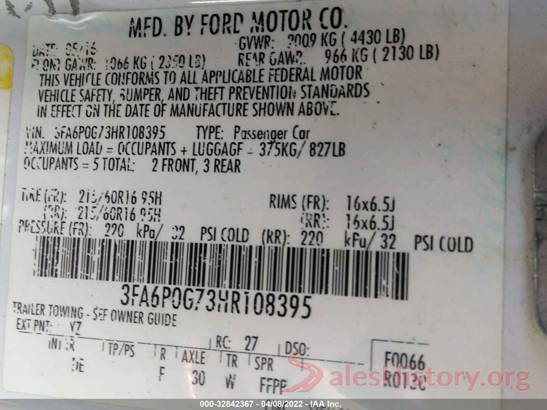 3FA6P0G73HR108395 2017 FORD FUSION