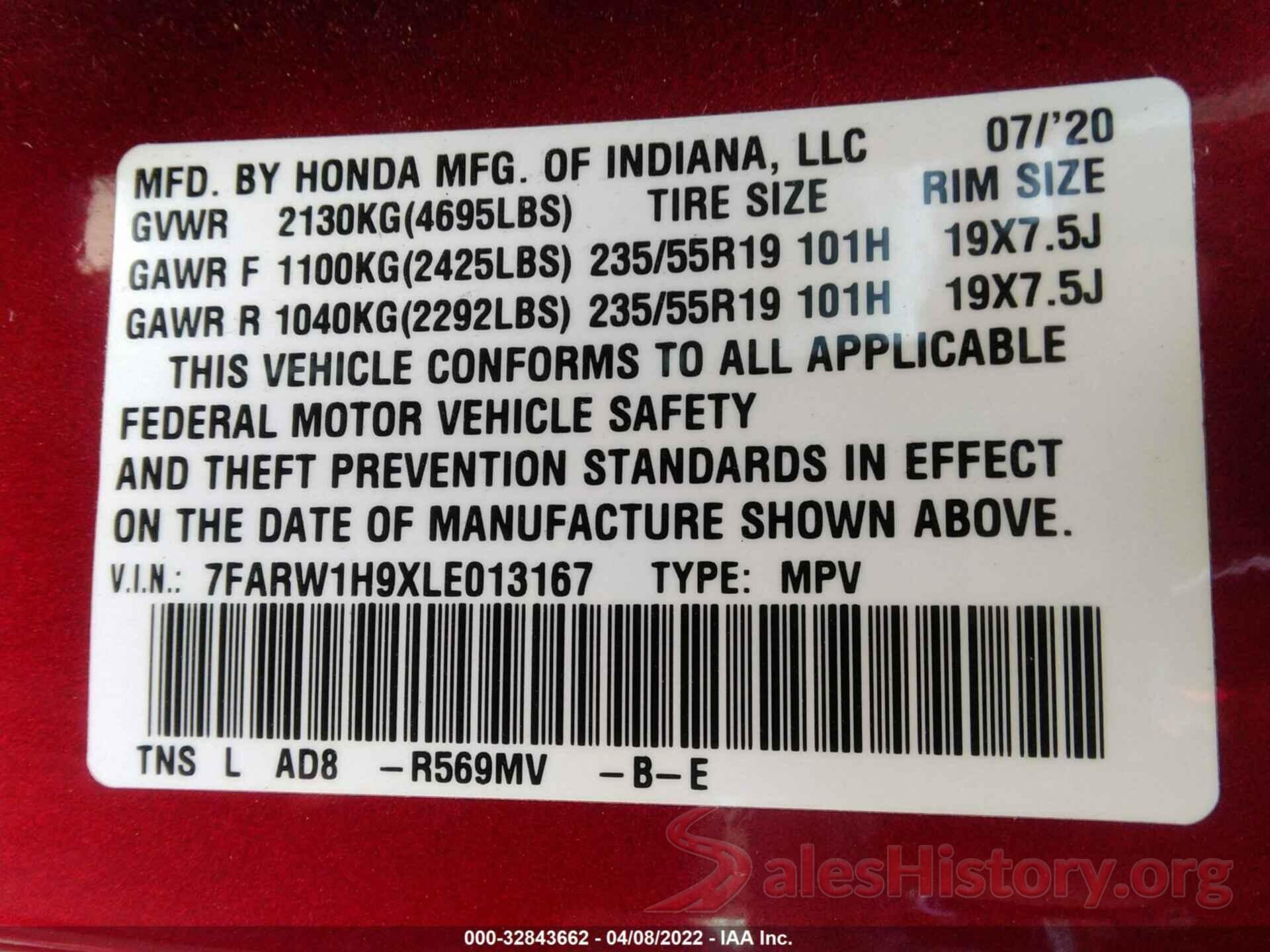 7FARW1H9XLE013167 2020 HONDA CR-V