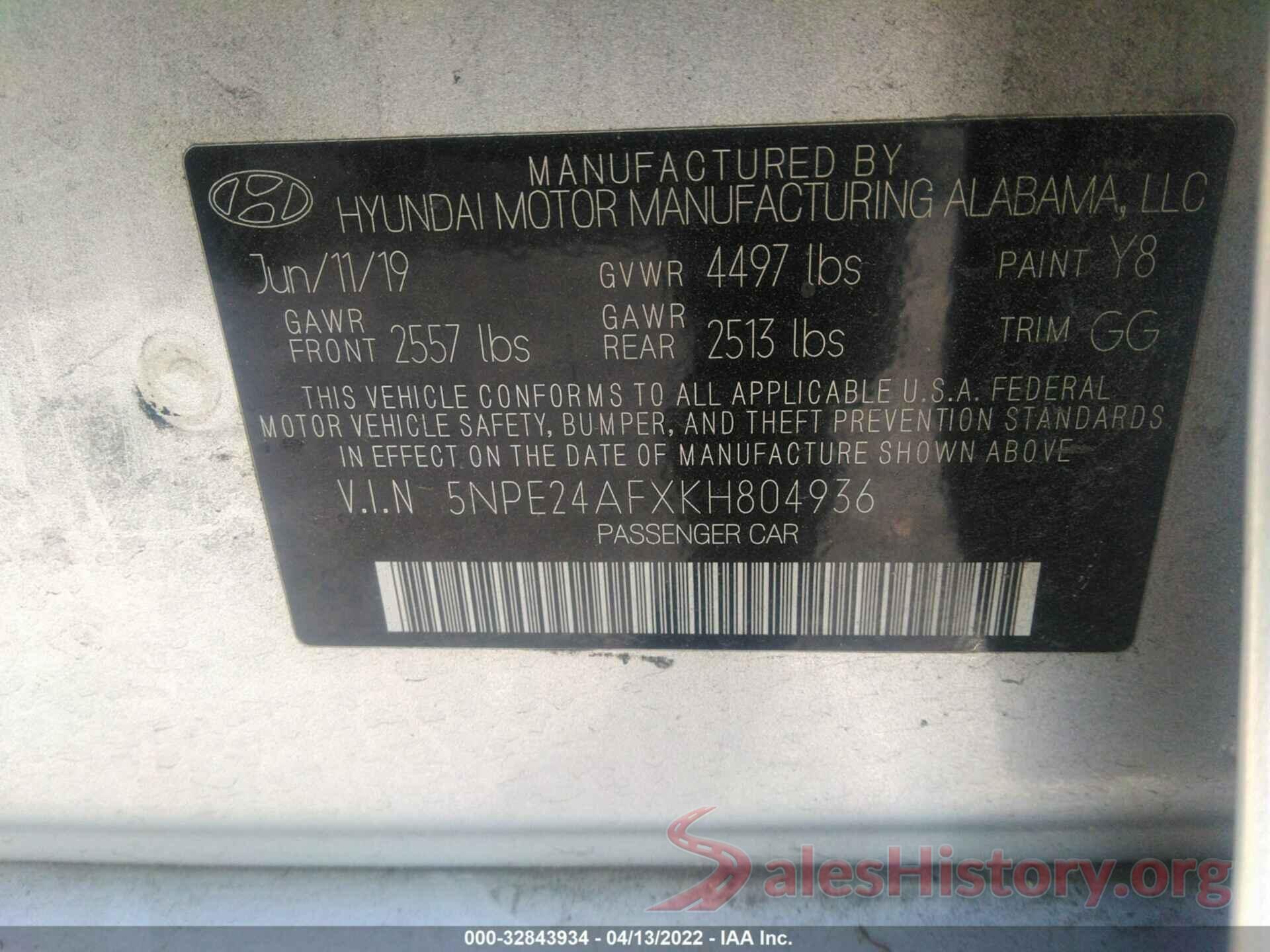 5NPE24AFXKH804936 2019 HYUNDAI SONATA