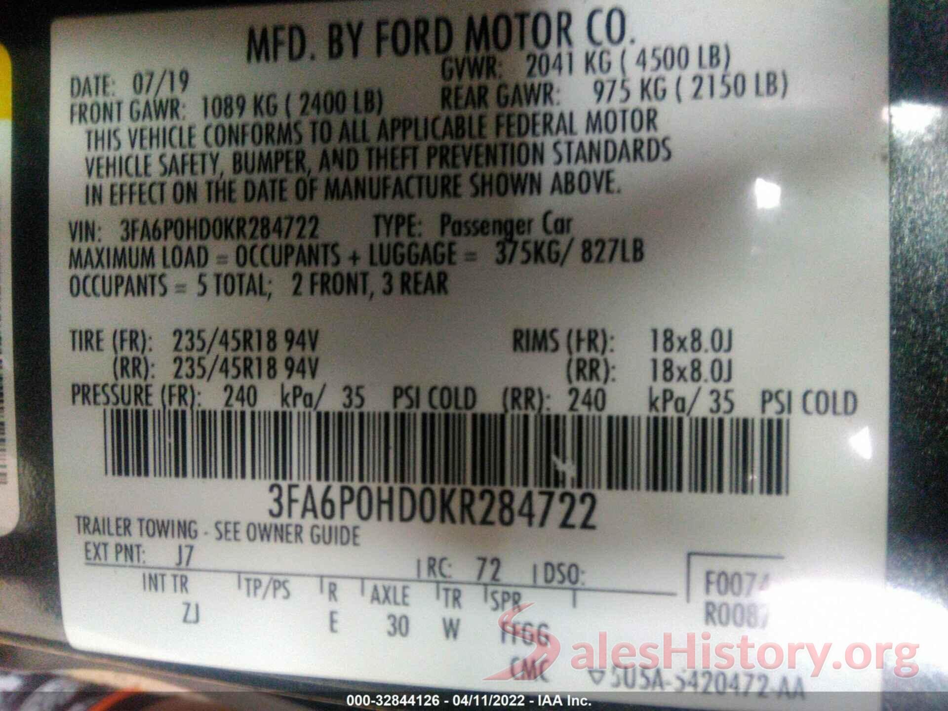 3FA6P0HD0KR284722 2019 FORD FUSION